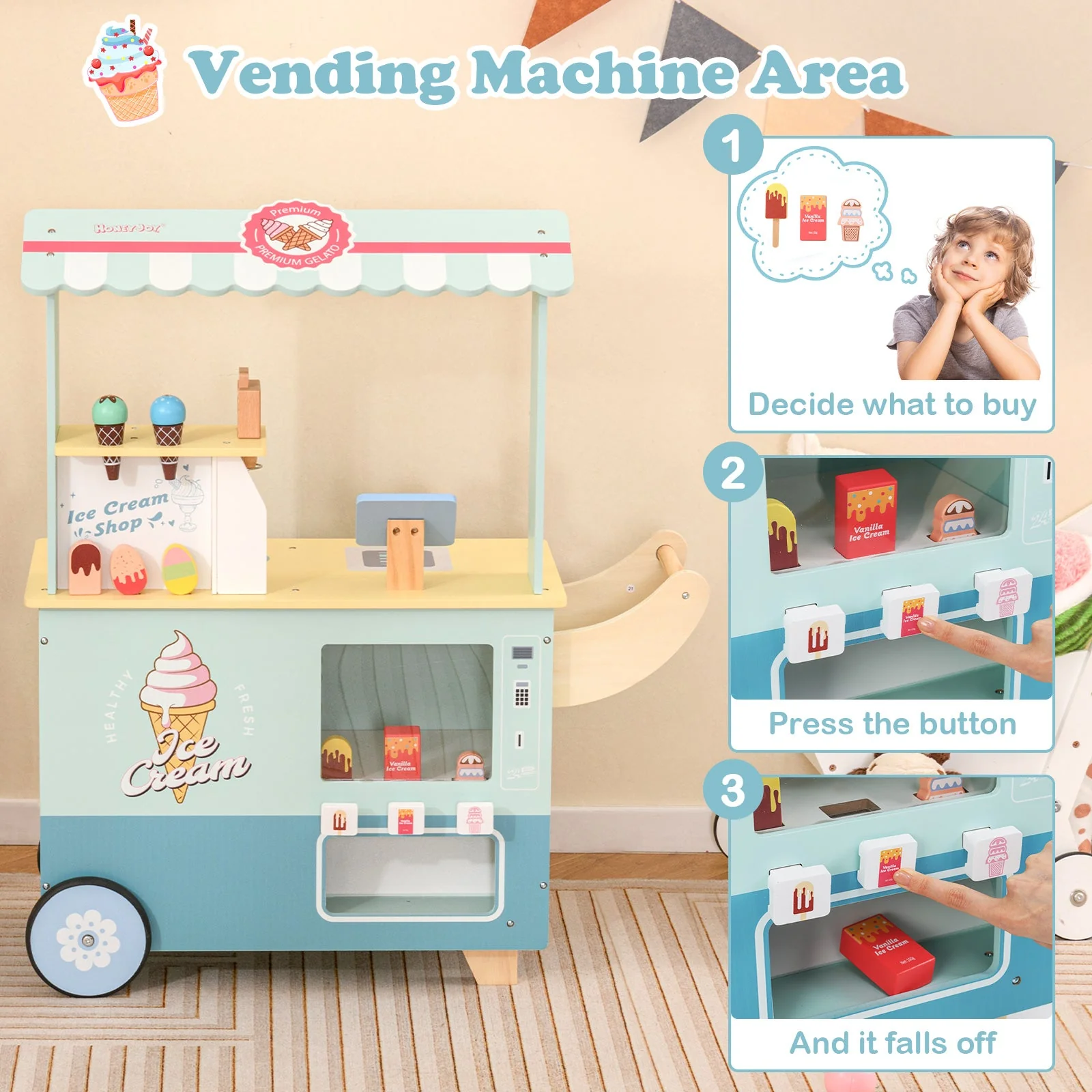 Kids Ice Cream Truck Pretend Play Set for Toddlers with Vending Machine-Green - Image 4