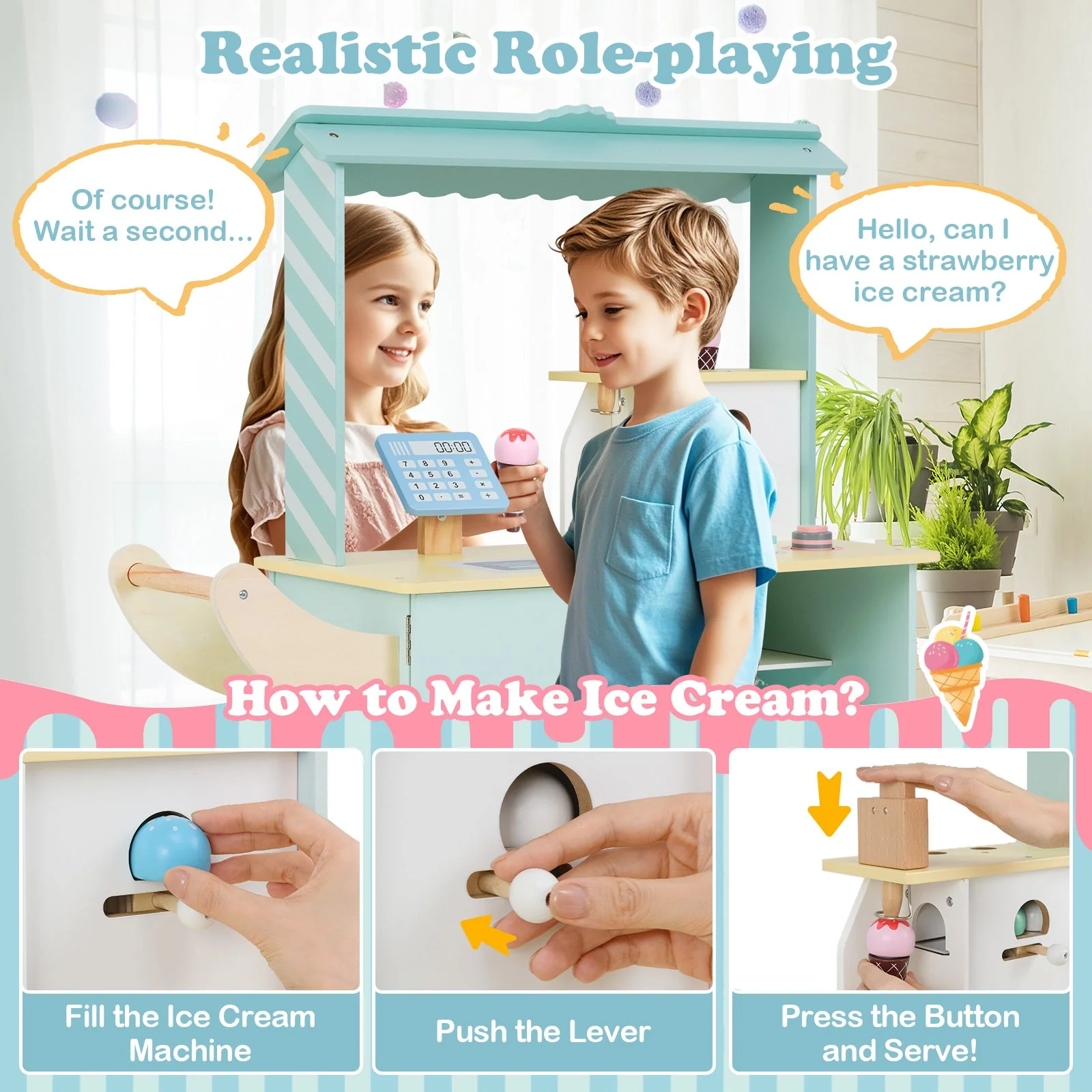 Kids Ice Cream Truck Pretend Play Set for Toddlers with Vending Machine-Green - Image 5