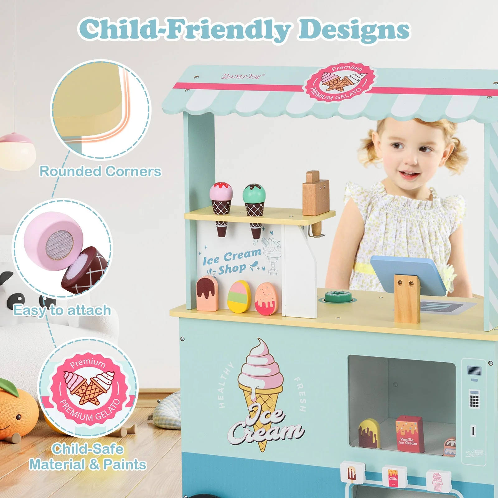 Kids Ice Cream Truck Pretend Play Set for Toddlers with Vending Machine-Green - Image 8