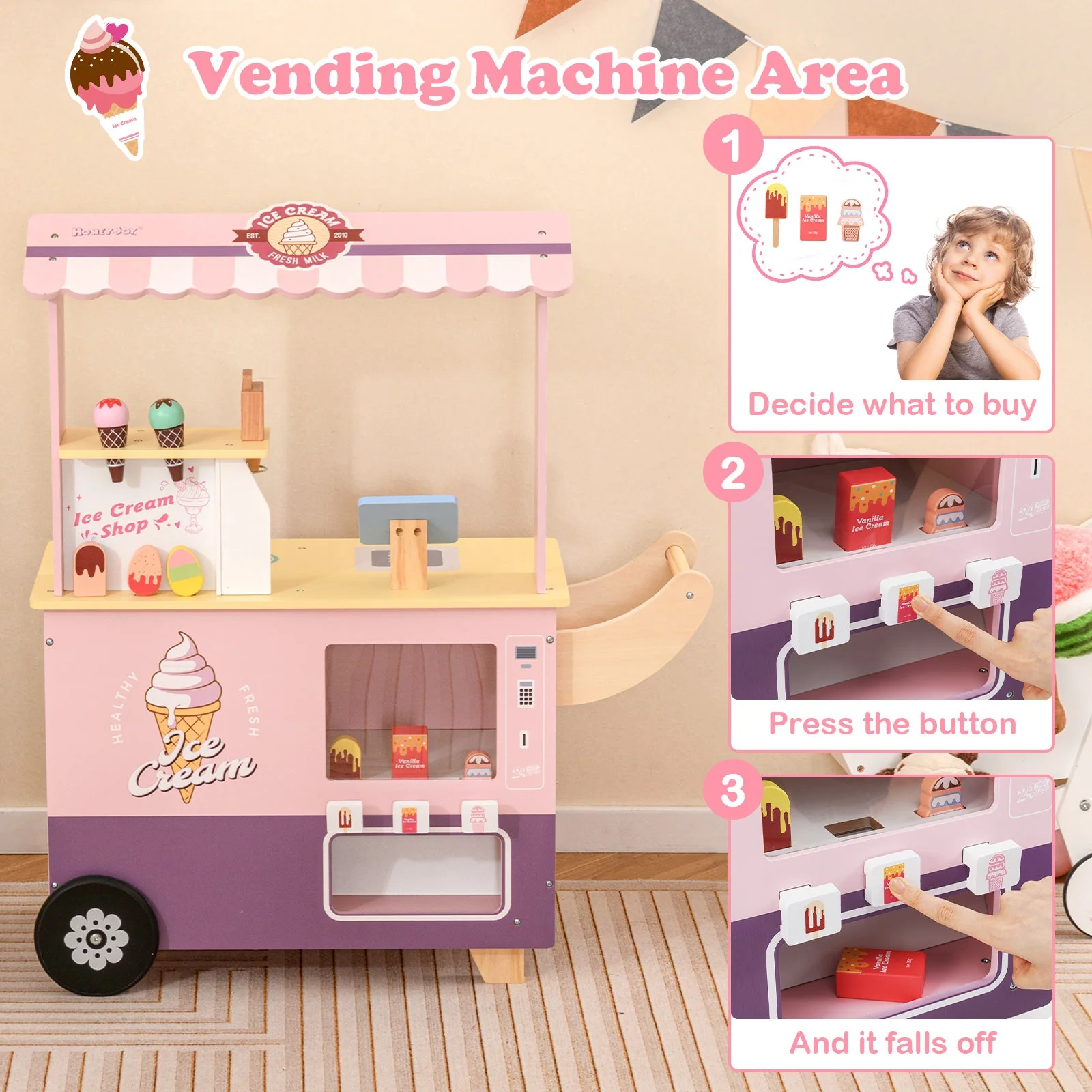 Kids Ice Cream Truck Pretend Play Set for Toddlers with Vending Machine-Pink - Image 4