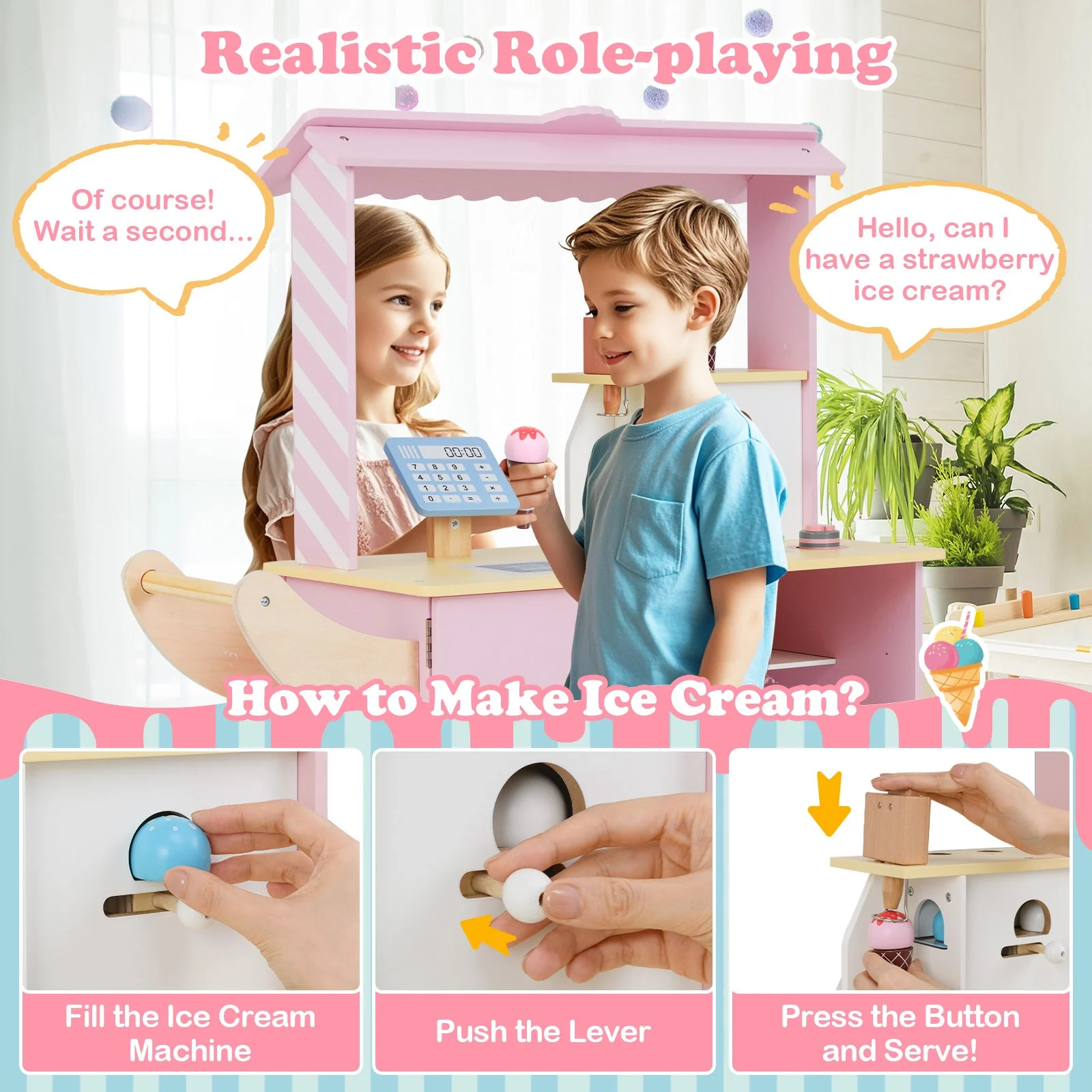 Kids Ice Cream Truck Pretend Play Set for Toddlers with Vending Machine-Pink - Image 5