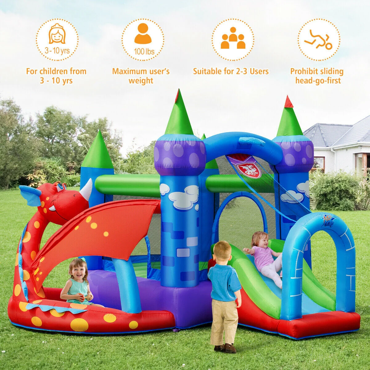 Kids Inflatable Bounce House Dragon Jumping Slide Bouncer Castle with 740W Blower - Image 2