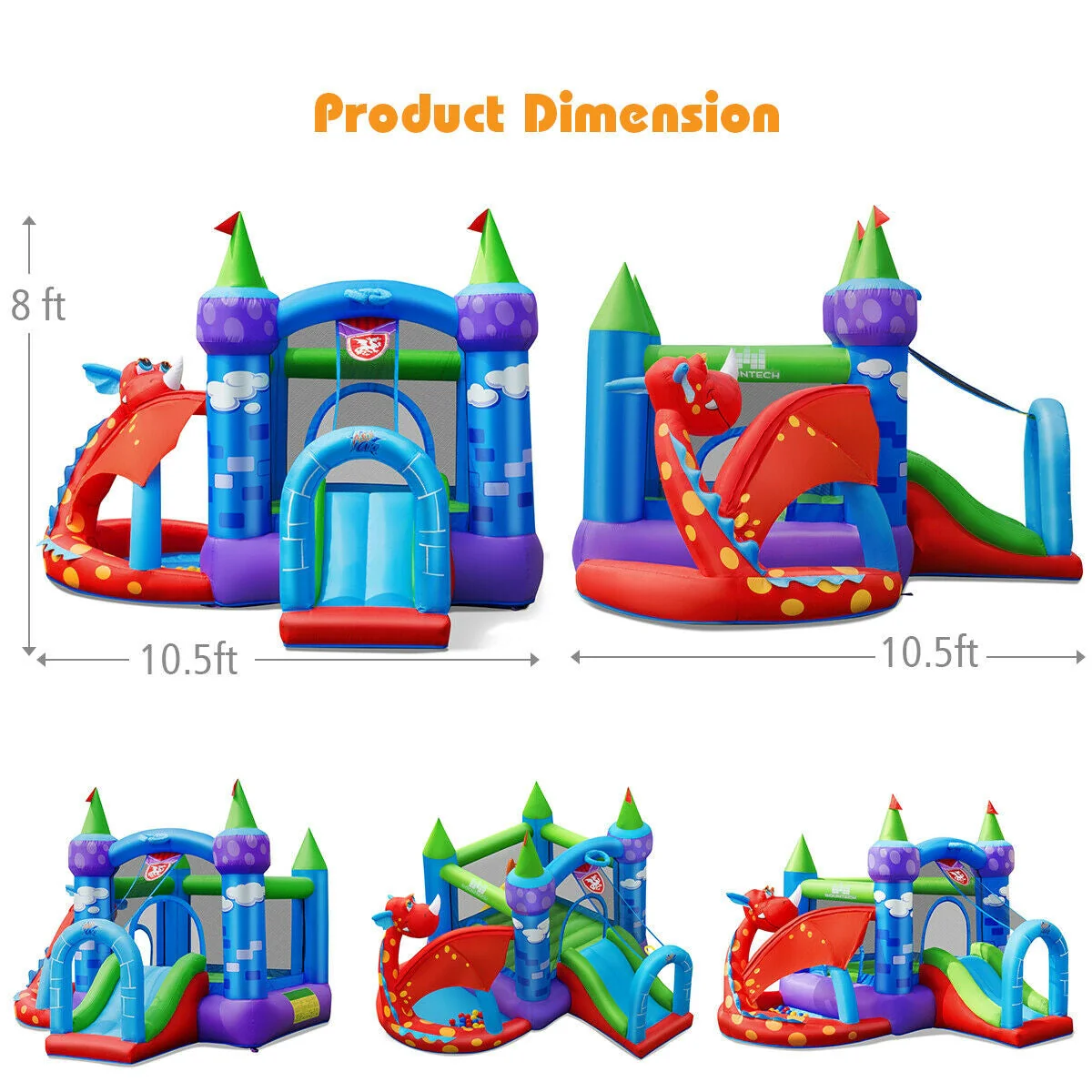Kids Inflatable Bounce House Dragon Jumping Slide Bouncer Castle with 740W Blower - Image 4