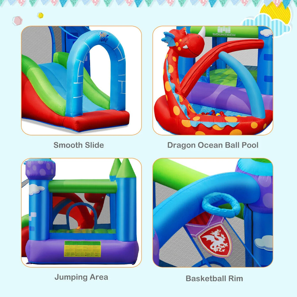 Kids Inflatable Bounce House Dragon Jumping Slide Bouncer Castle with 740W Blower - Image 5