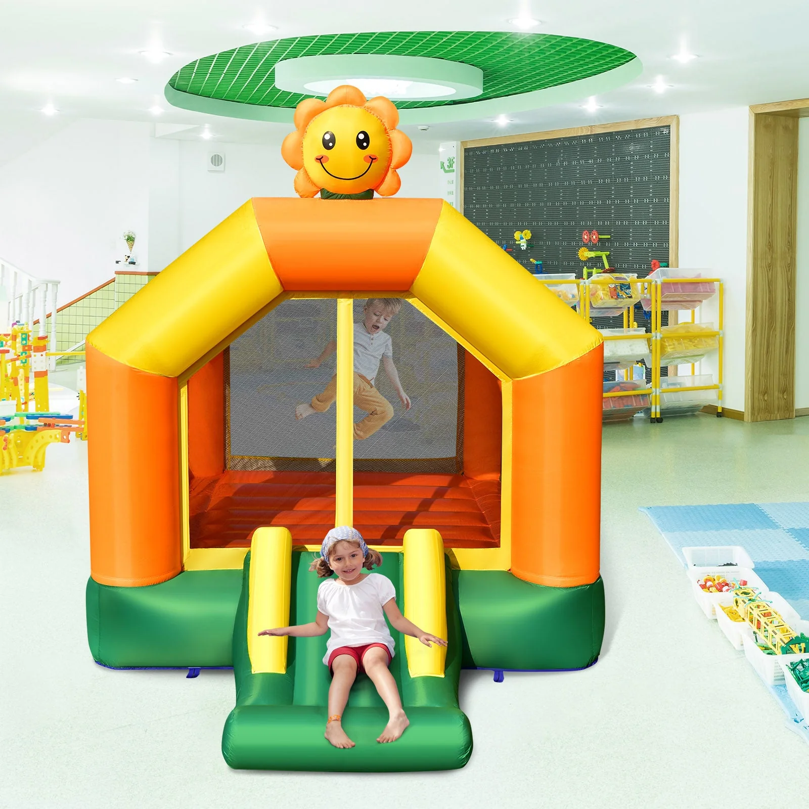 Kids Inflatable Bounce House with Slide and Basketball Rim with 735W Blower - Image 2