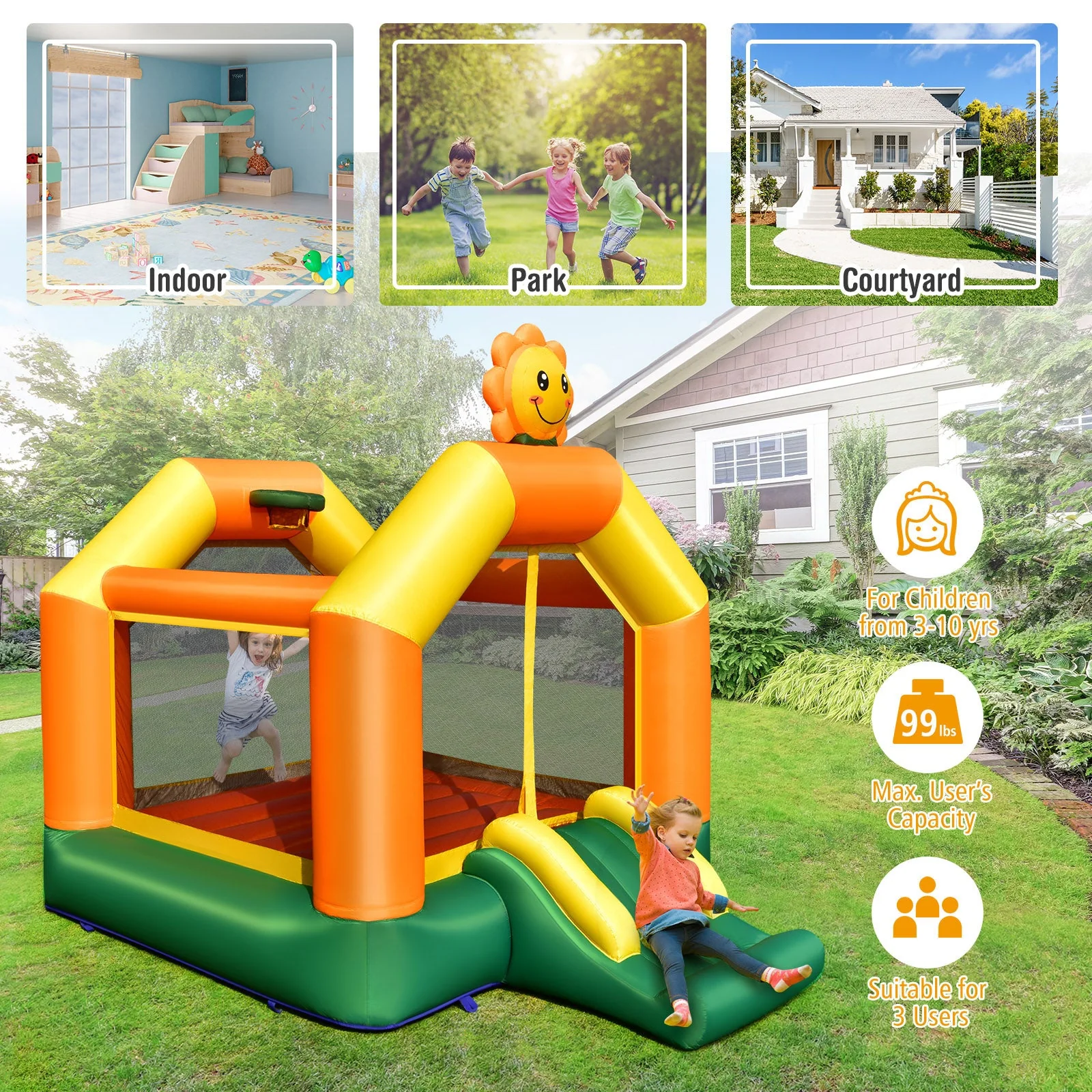 Kids Inflatable Bounce House with Slide and Basketball Rim with 735W Blower - Image 8
