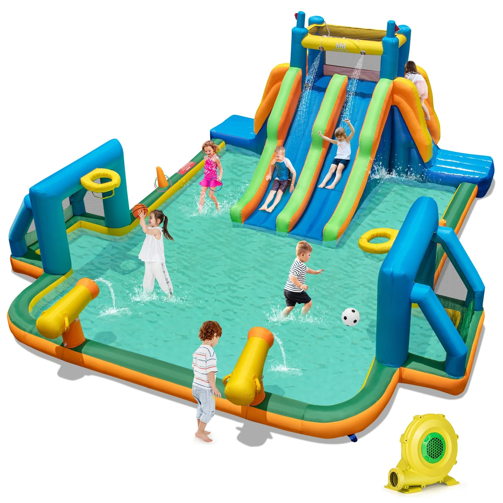 Kids Inflatable Water Slide with 2 Long Slides and 2 Soccer Gates with 1100W Blower - Image 3