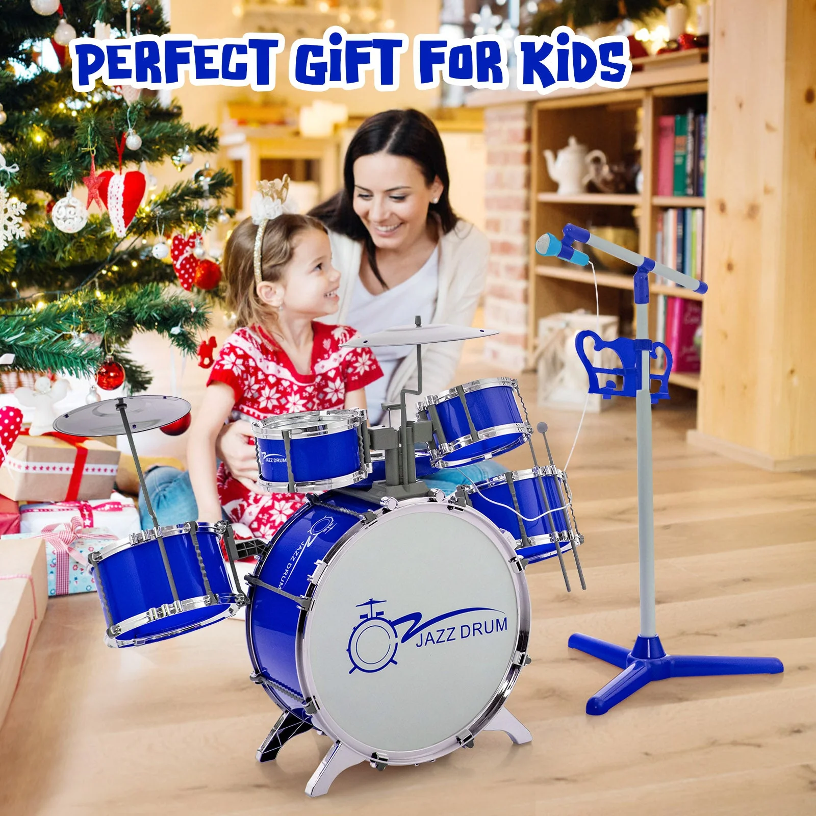 Kids Jazz Drum Keyboard Set with Stool and Microphone Stand-Blue - Image 2