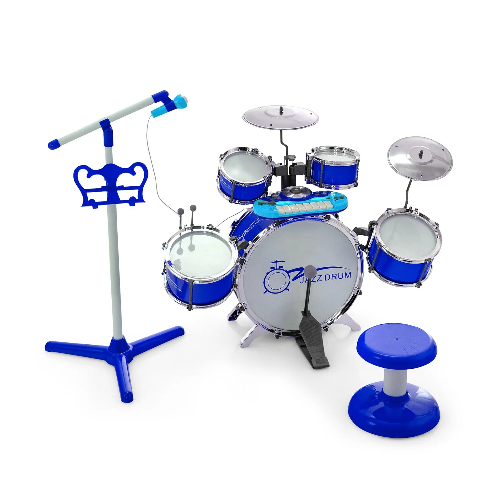 Kids Jazz Drum Keyboard Set with Stool and Microphone Stand-Blue - Image 3