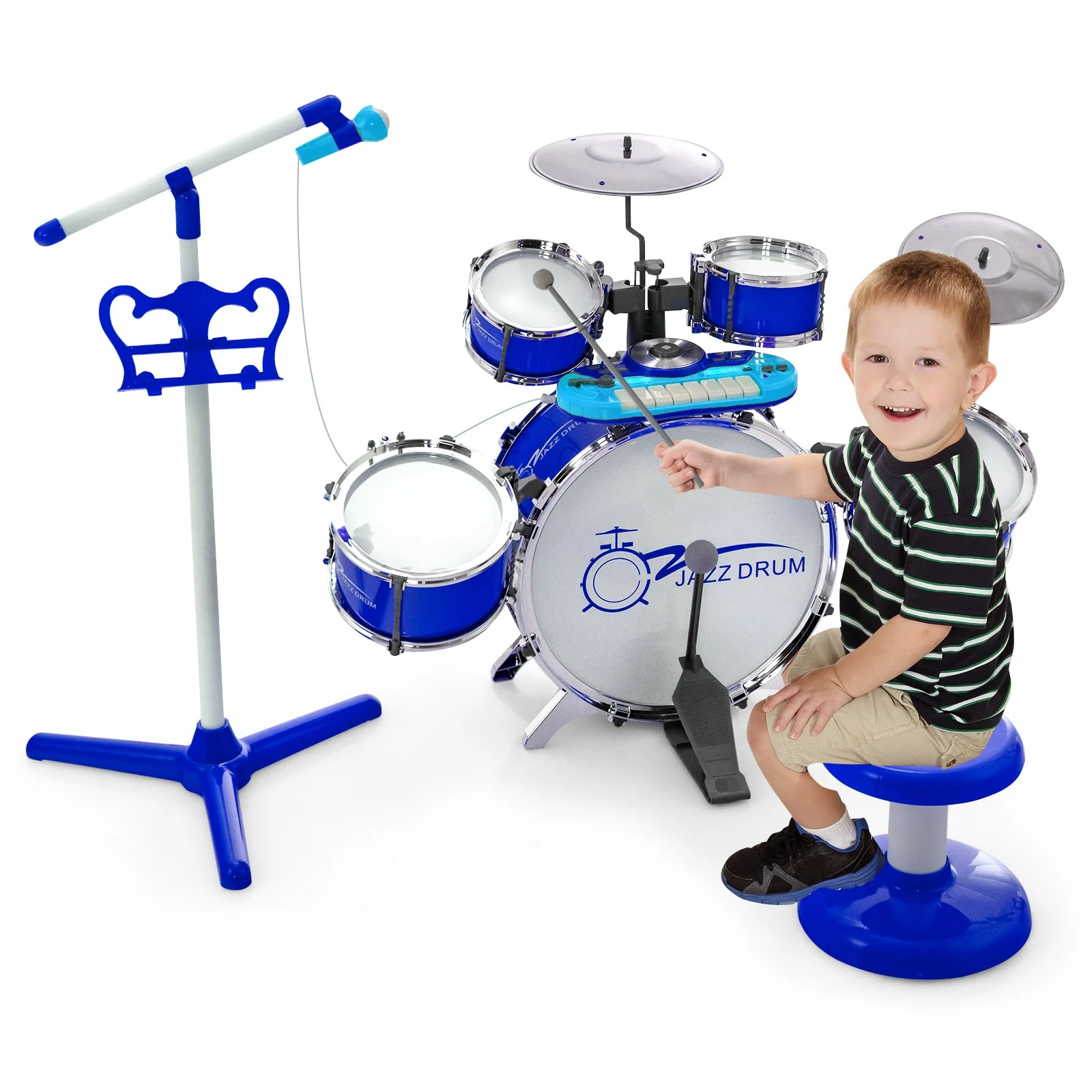 Kids Jazz Drum Keyboard Set with Stool and Microphone Stand-Blue - Image 4