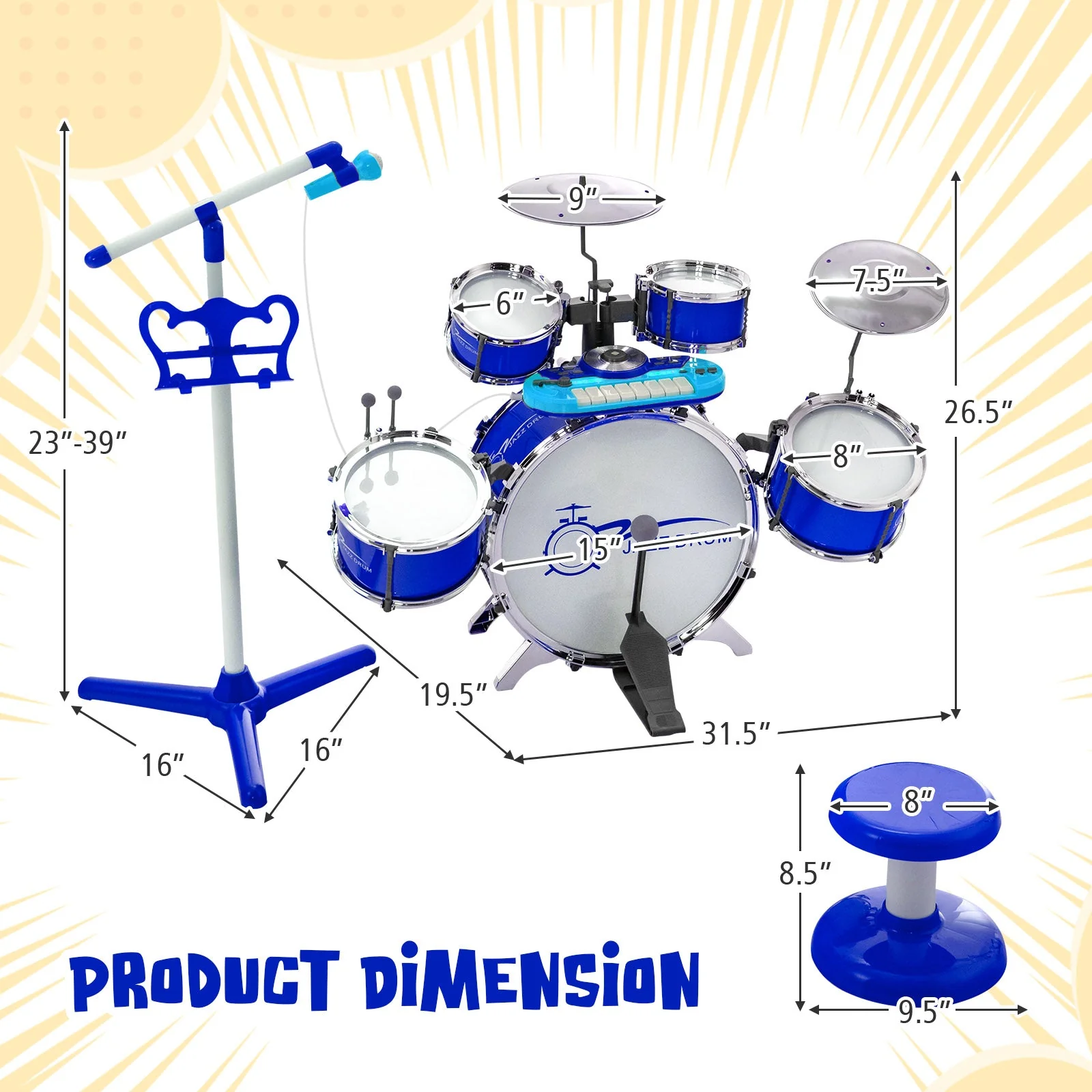 Kids Jazz Drum Keyboard Set with Stool and Microphone Stand-Blue - Image 5