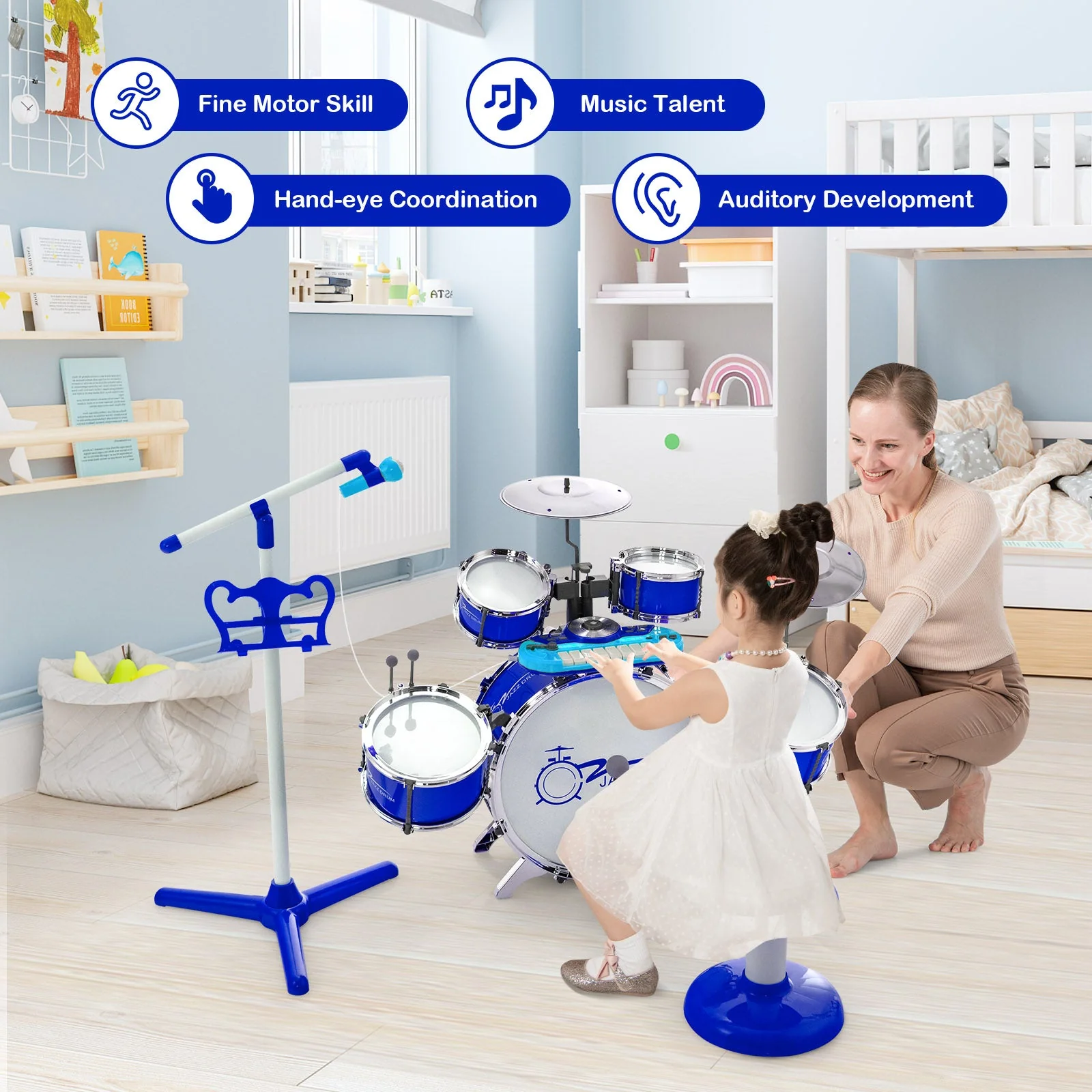 Kids Jazz Drum Keyboard Set with Stool and Microphone Stand-Blue - Image 7