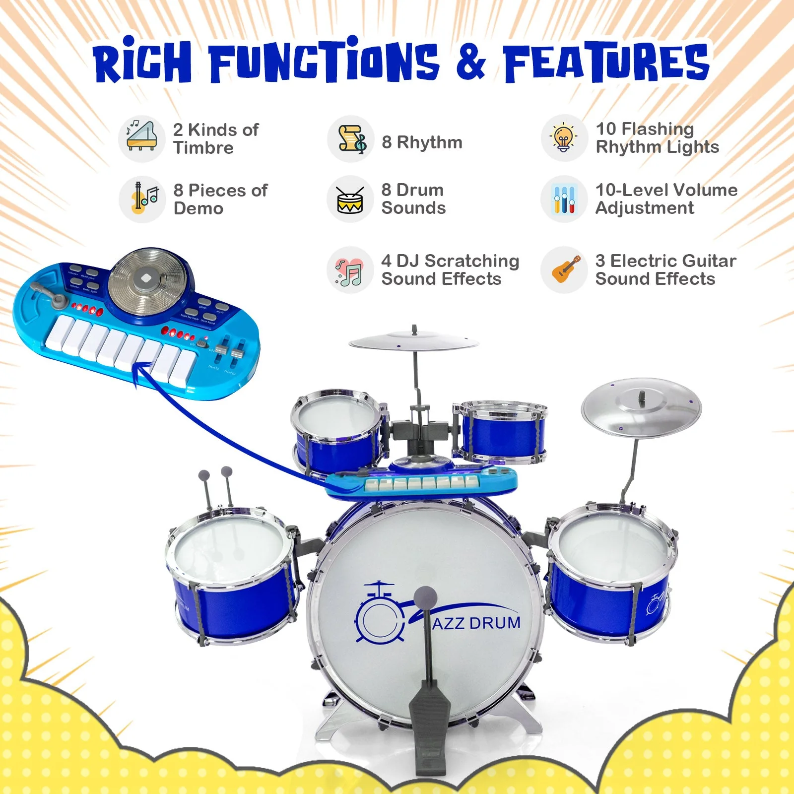 Kids Jazz Drum Keyboard Set with Stool and Microphone Stand-Blue - Image 8
