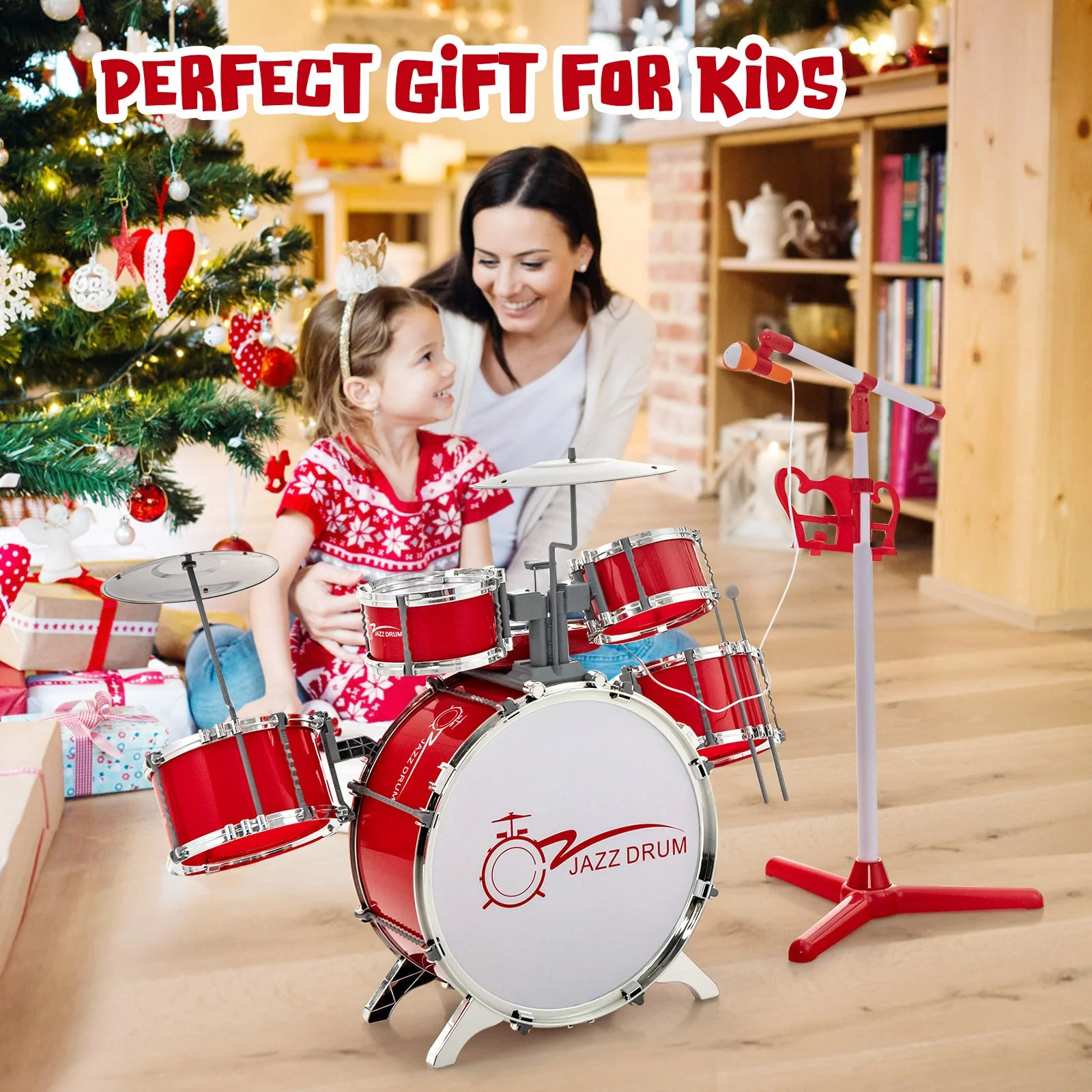 Kids Jazz Drum Keyboard Set with Stool and Microphone Stand-Red - Image 2
