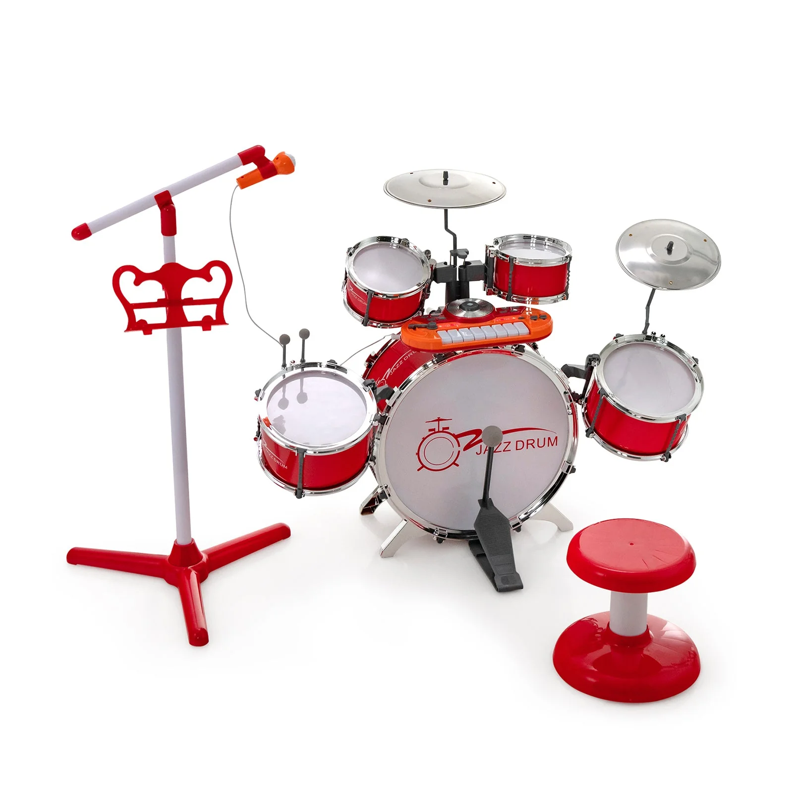 Kids Jazz Drum Keyboard Set with Stool and Microphone Stand-Red - Image 3