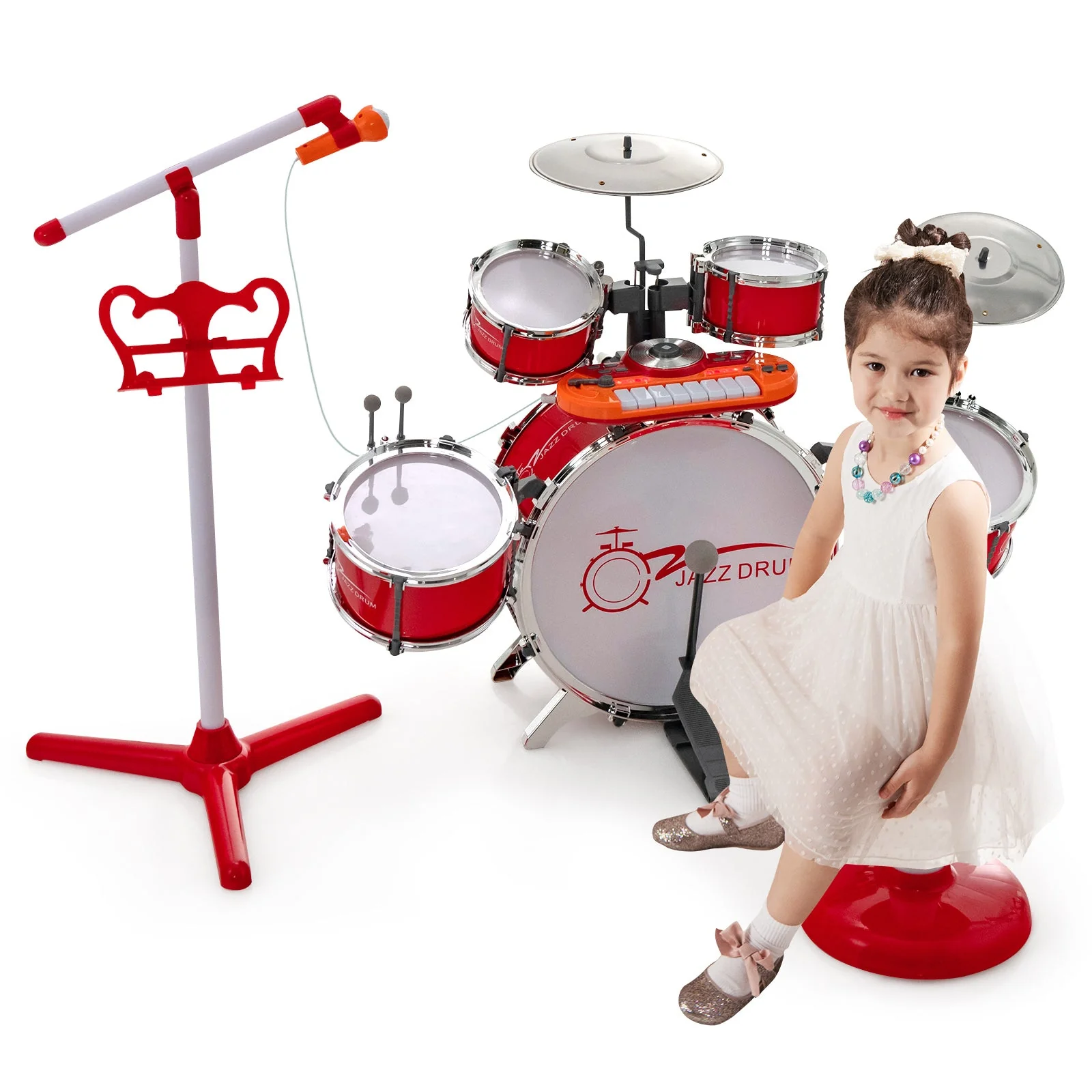 Kids Jazz Drum Keyboard Set with Stool and Microphone Stand-Red - Image 4