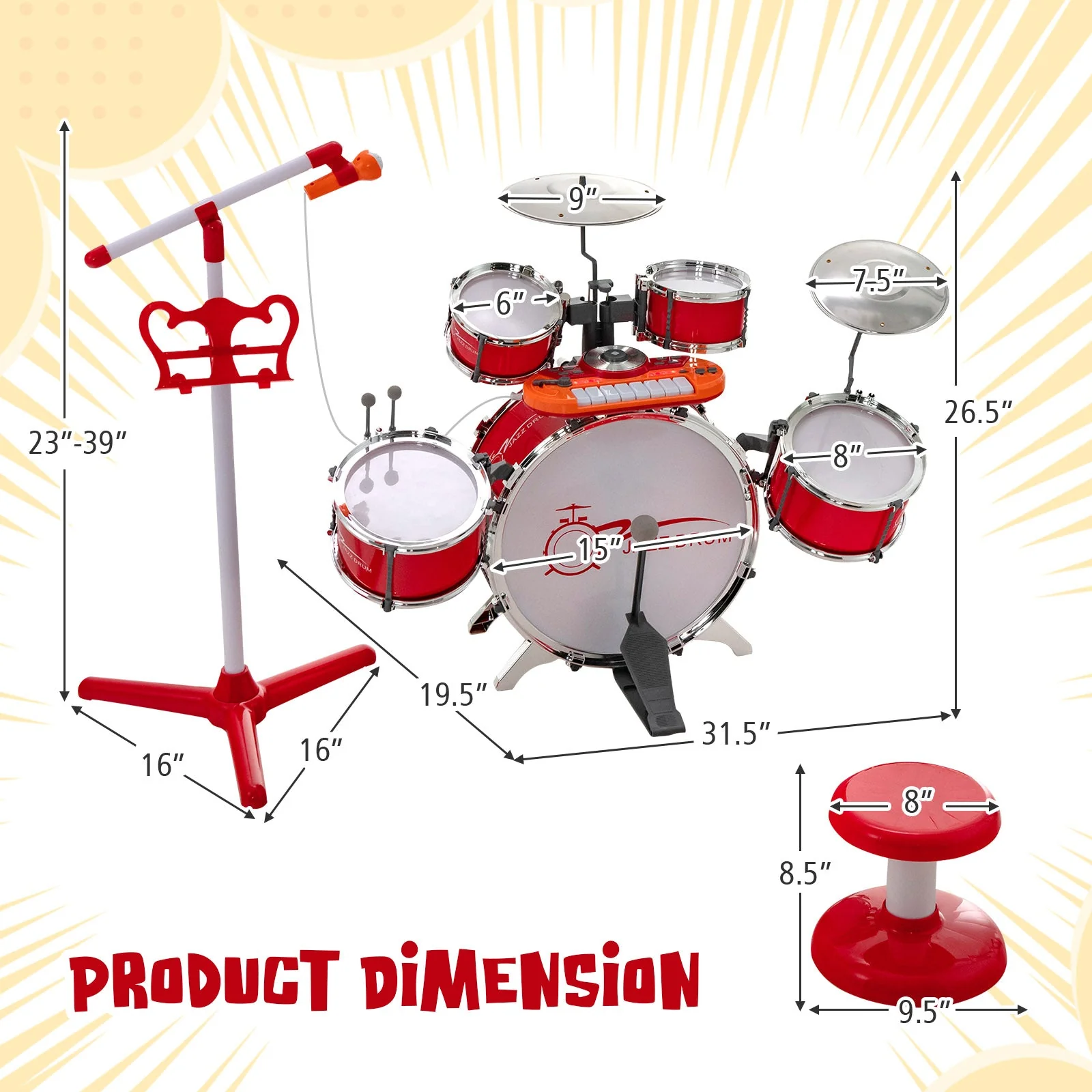 Kids Jazz Drum Keyboard Set with Stool and Microphone Stand-Red - Image 5