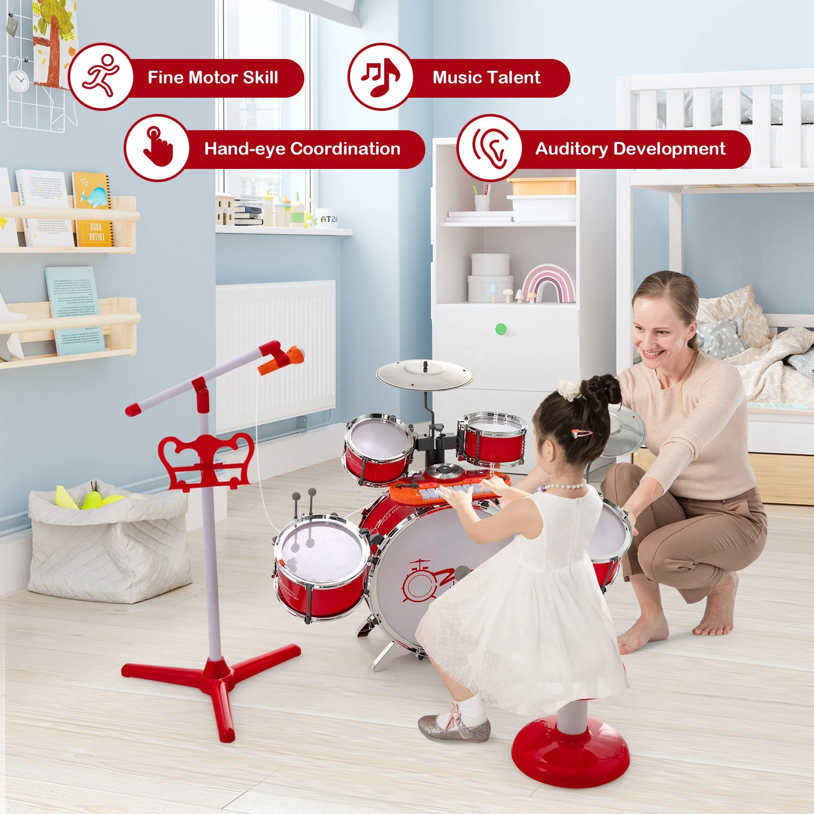 Kids Jazz Drum Keyboard Set with Stool and Microphone Stand-Red - Image 6