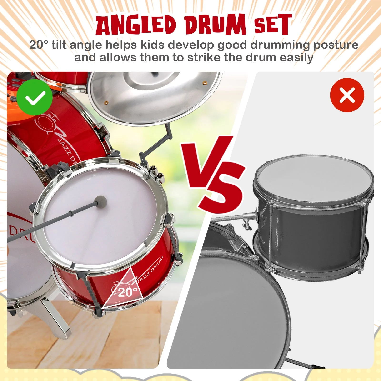 Kids Jazz Drum Keyboard Set with Stool and Microphone Stand-Red - Image 7