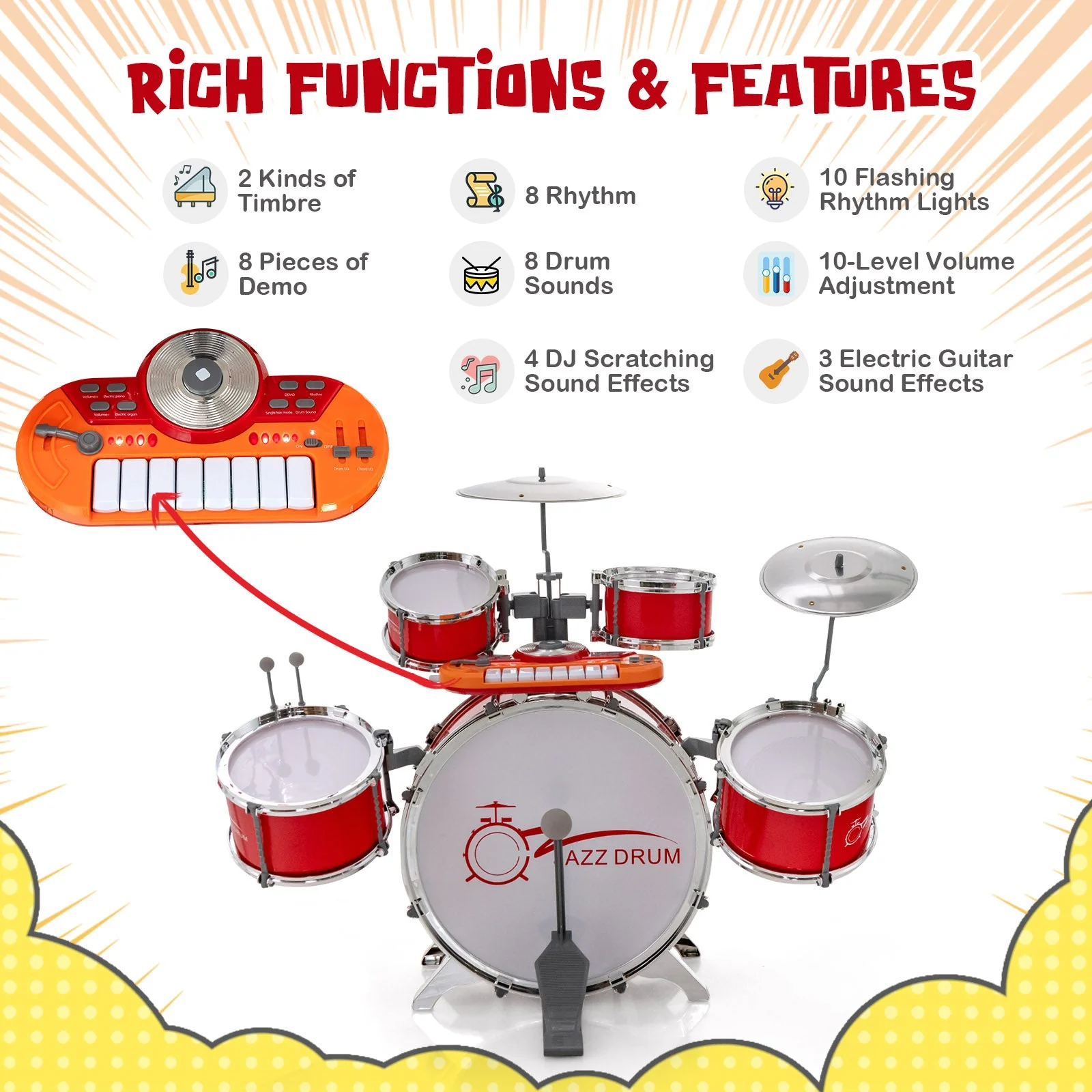 Kids Jazz Drum Keyboard Set with Stool and Microphone Stand-Red - Image 8