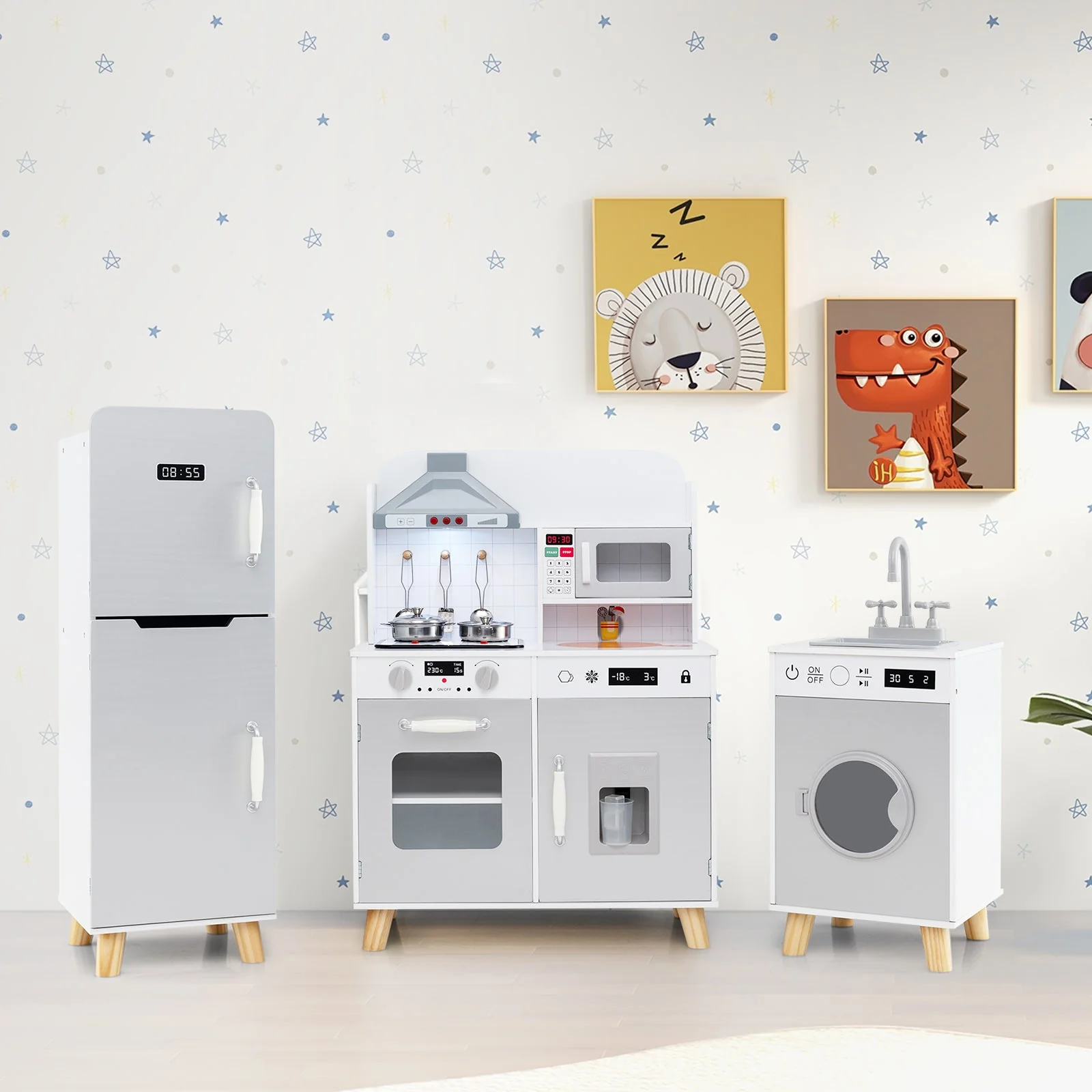 Kids Kitchen Playset 3-in-1 with Refrigerator and Washing Machine-Gray - Image 2