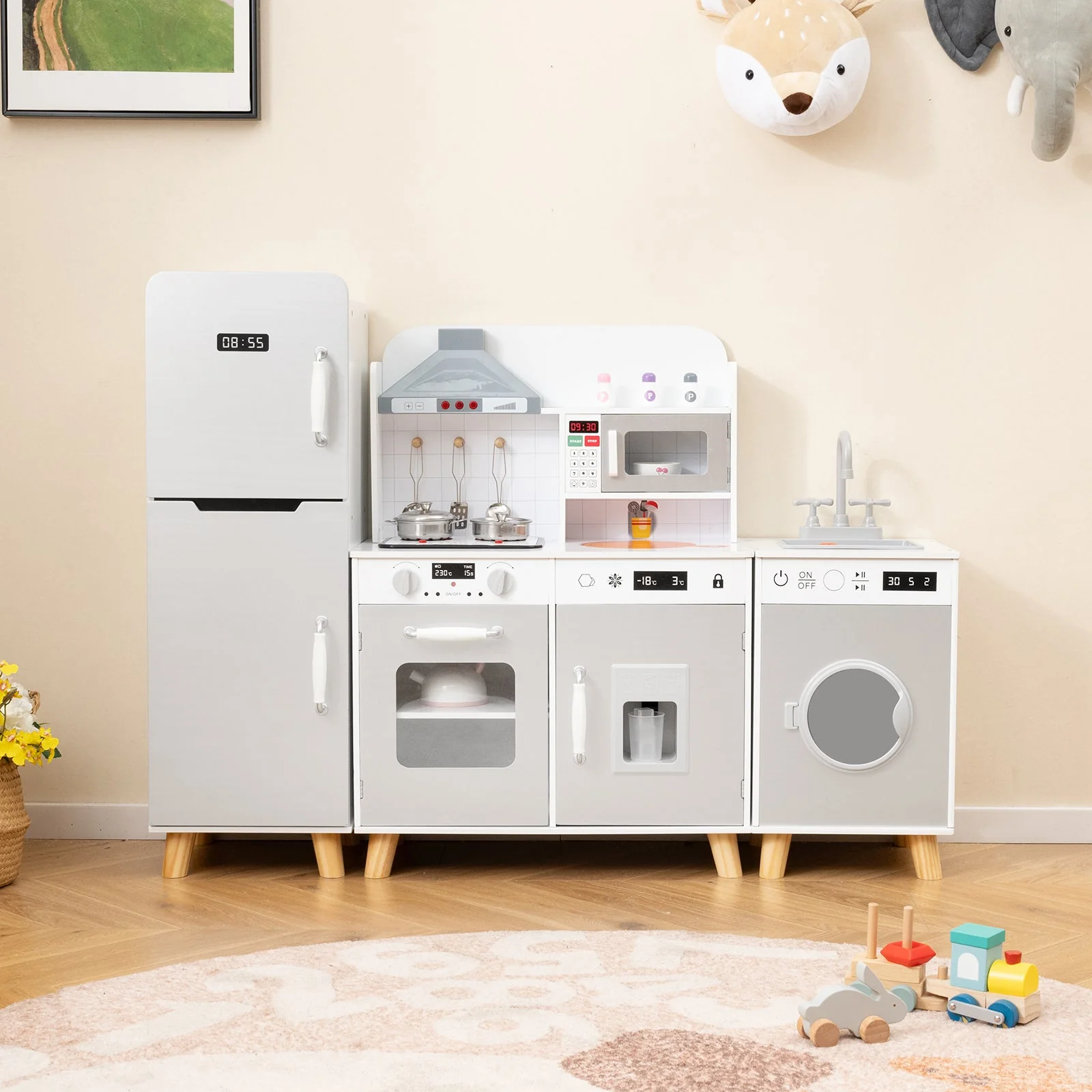 Kids Kitchen Playset 3-in-1 with Refrigerator and Washing Machine-Gray - Image 6