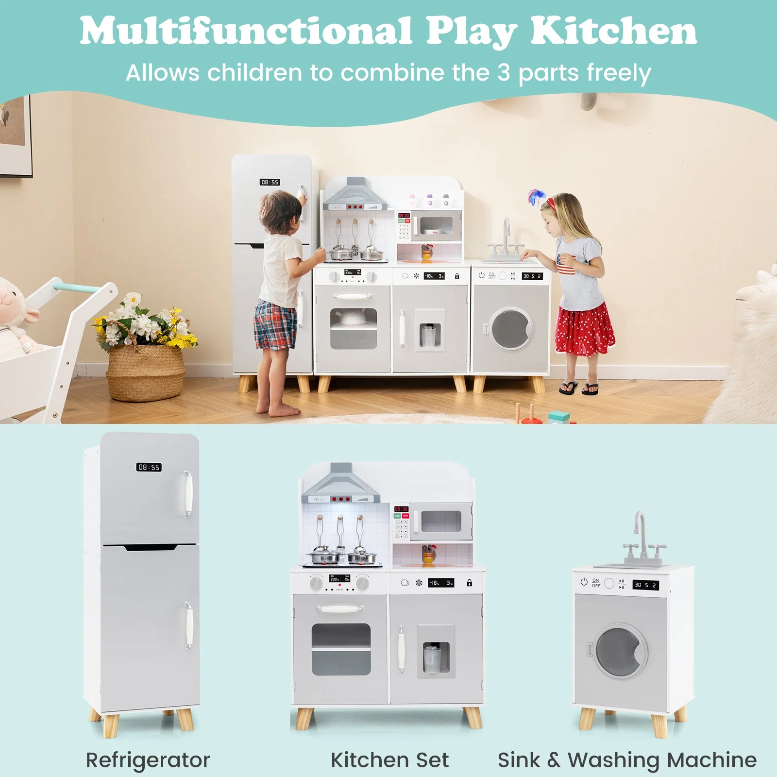 Kids Kitchen Playset 3-in-1 with Refrigerator and Washing Machine-Gray - Image 7