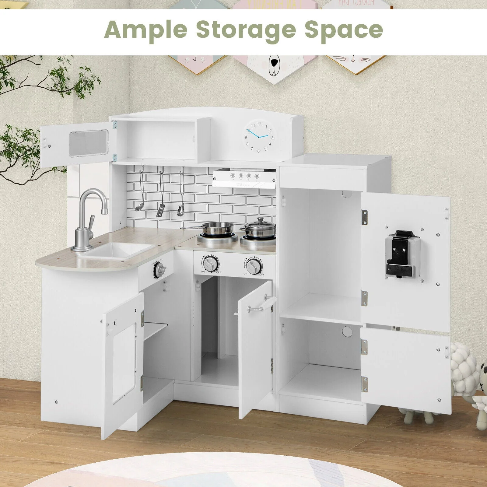 Kids Kitchen Playset Conor Kitchen Toy with Realistic Microwave and Oven Stove-White - Image 4