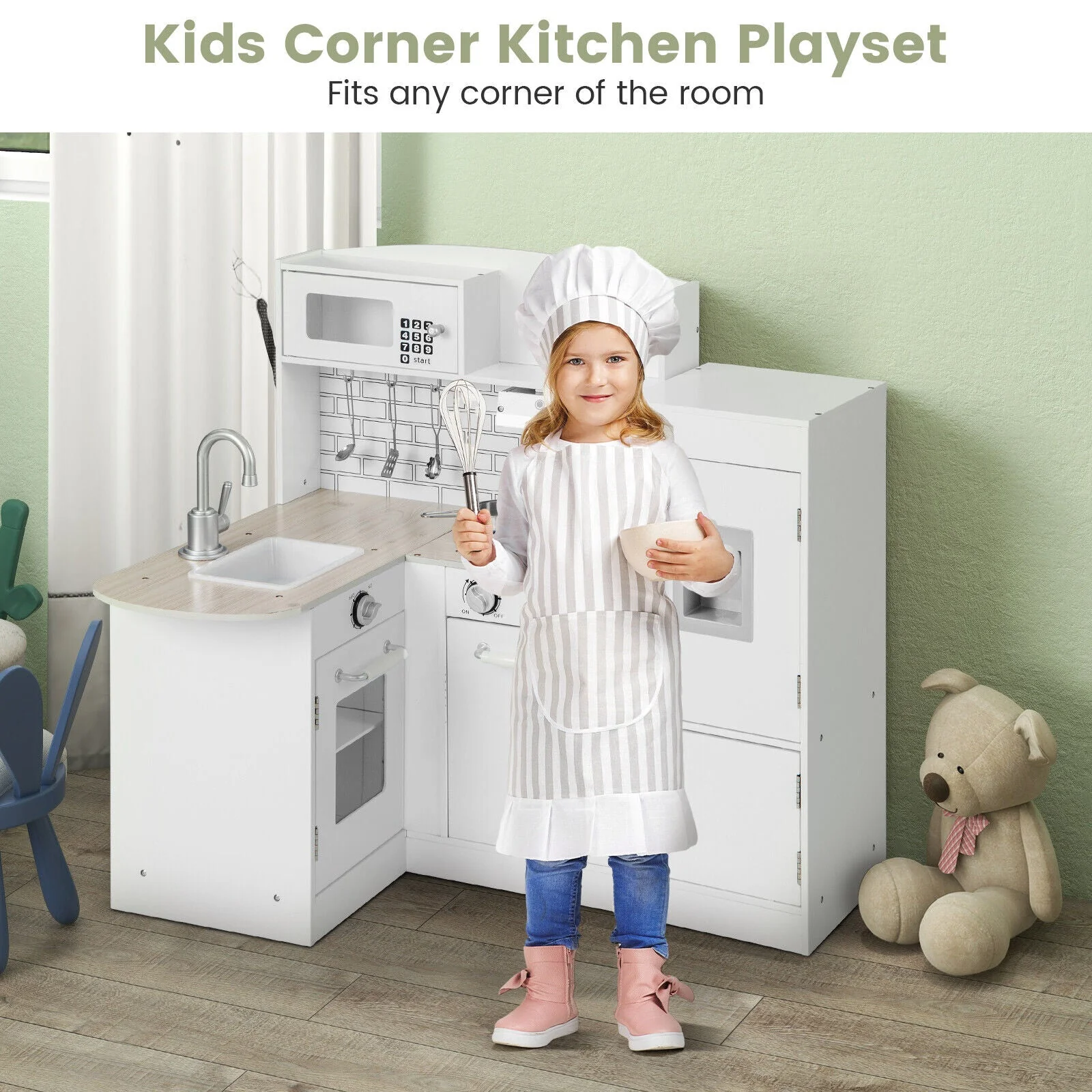 Kids Kitchen Playset Conor Kitchen Toy with Realistic Microwave and Oven Stove-White - Image 5