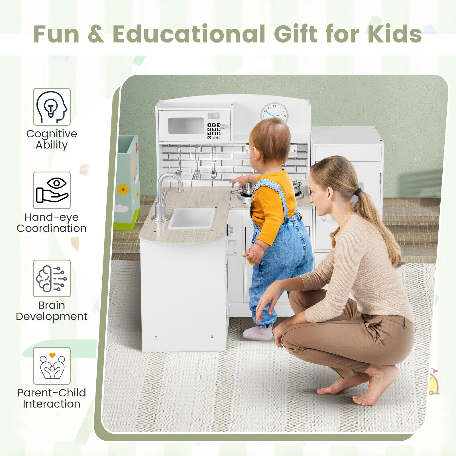 Kids Kitchen Playset Conor Kitchen Toy with Realistic Microwave and Oven Stove-White - Image 6