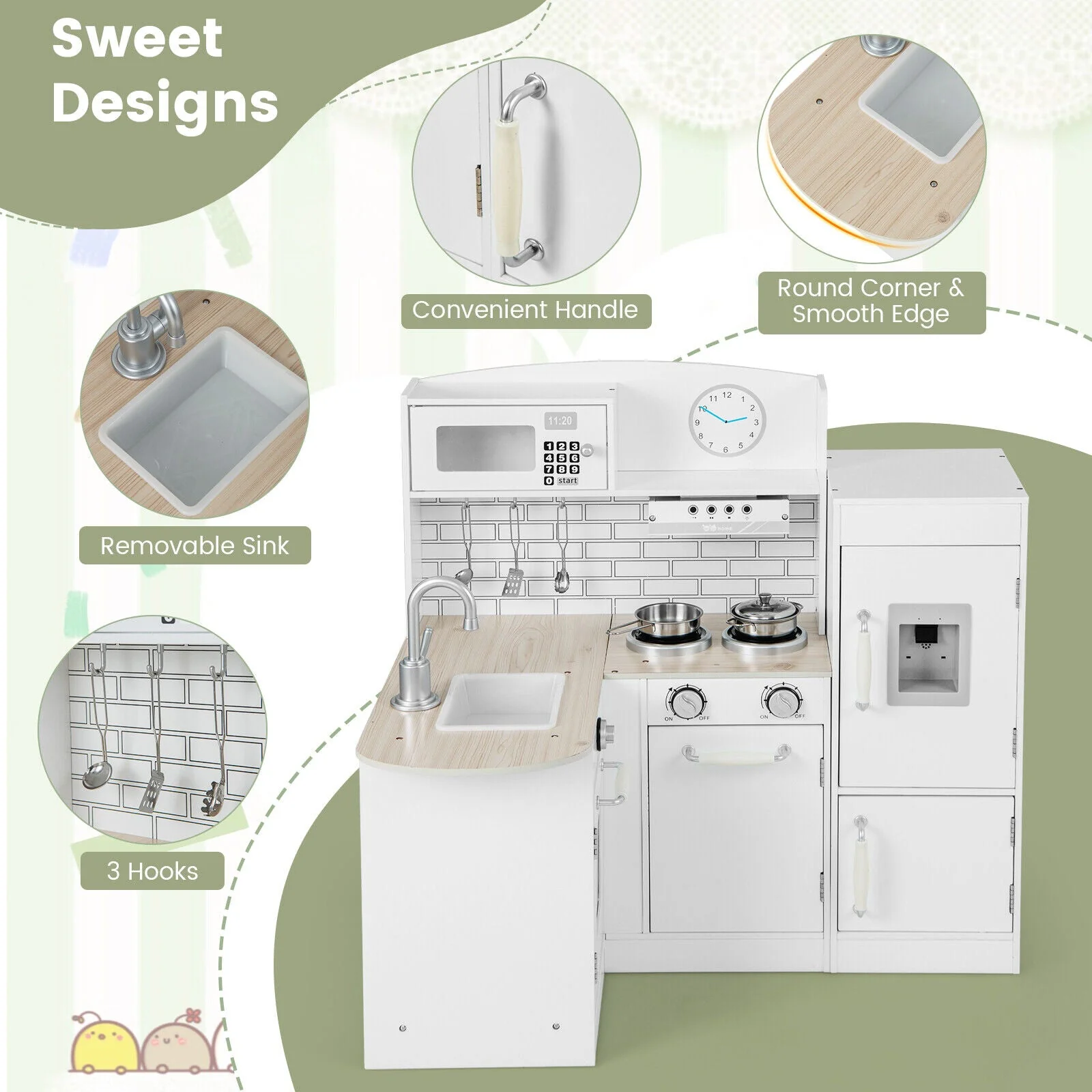 Kids Kitchen Playset Conor Kitchen Toy with Realistic Microwave and Oven Stove-White - Image 7
