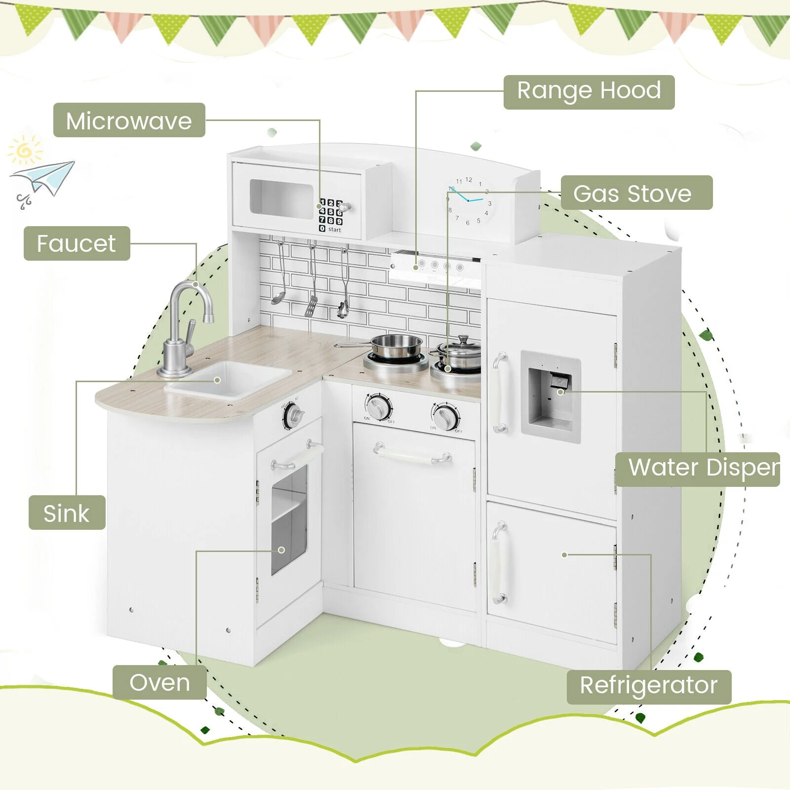 Kids Kitchen Playset Conor Kitchen Toy with Realistic Microwave and Oven Stove-White - Image 8