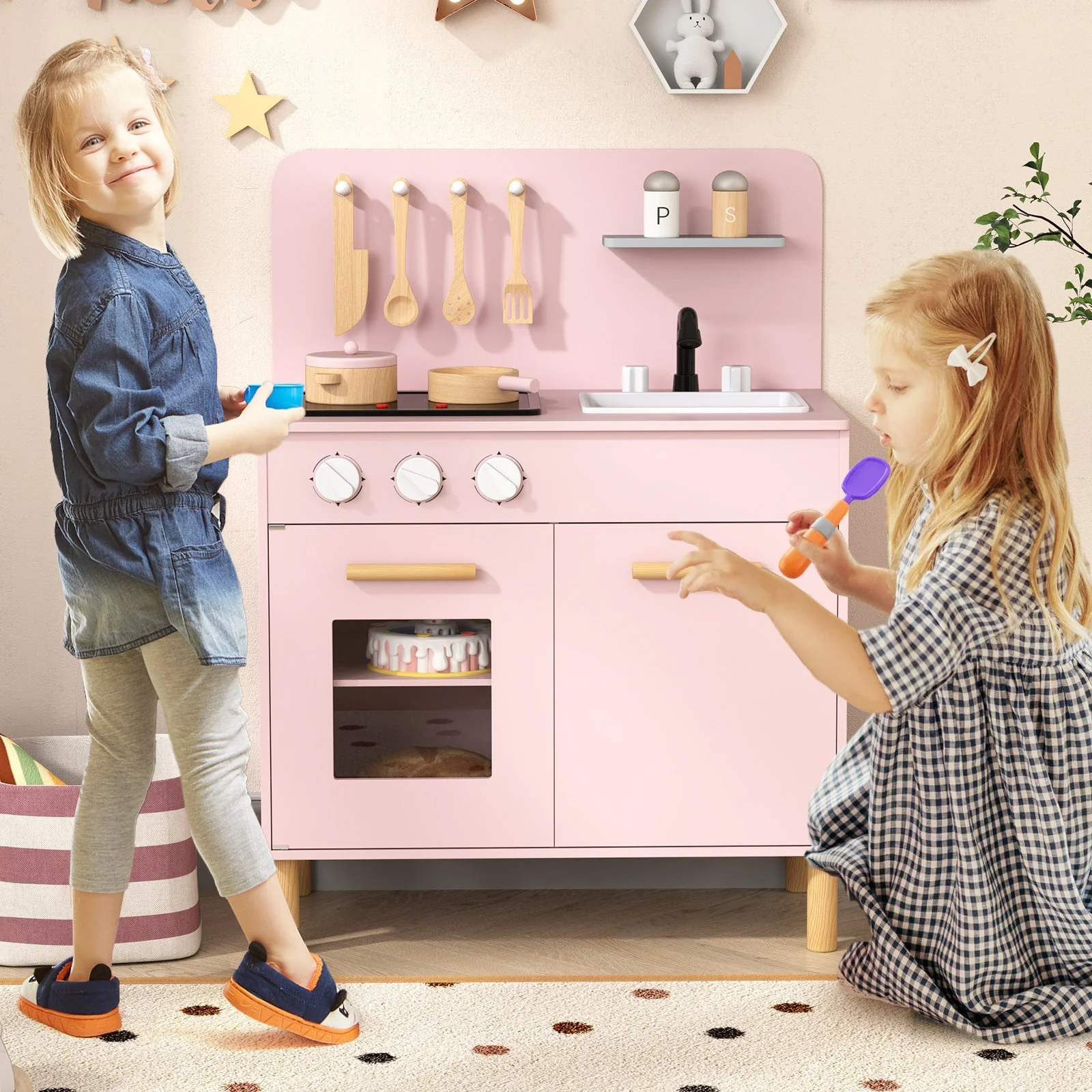 Kids Kitchen Playset with Cooking Accessories and Storage-Pink - Image 2