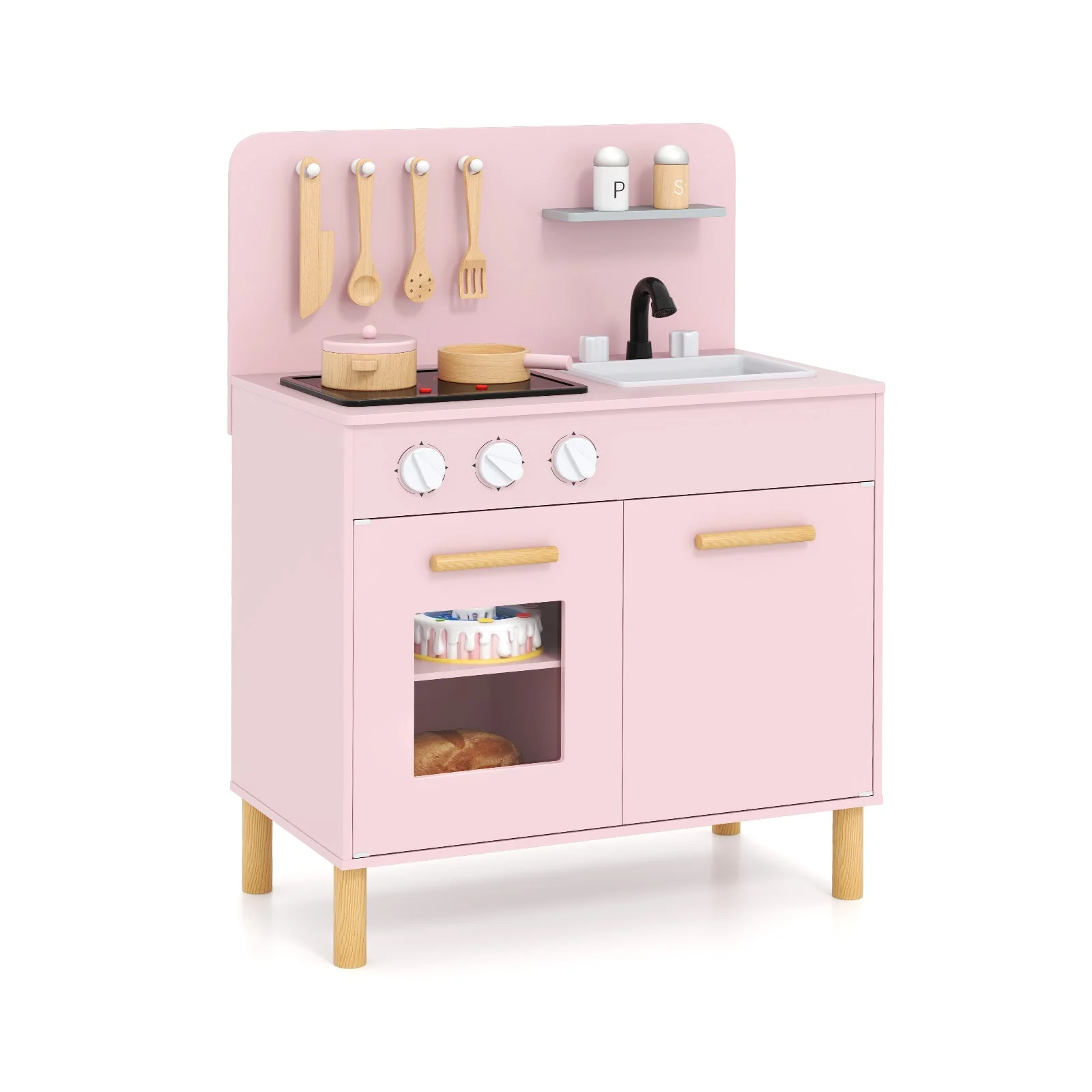 Kids Kitchen Playset with Cooking Accessories and Storage-Pink - Image 3