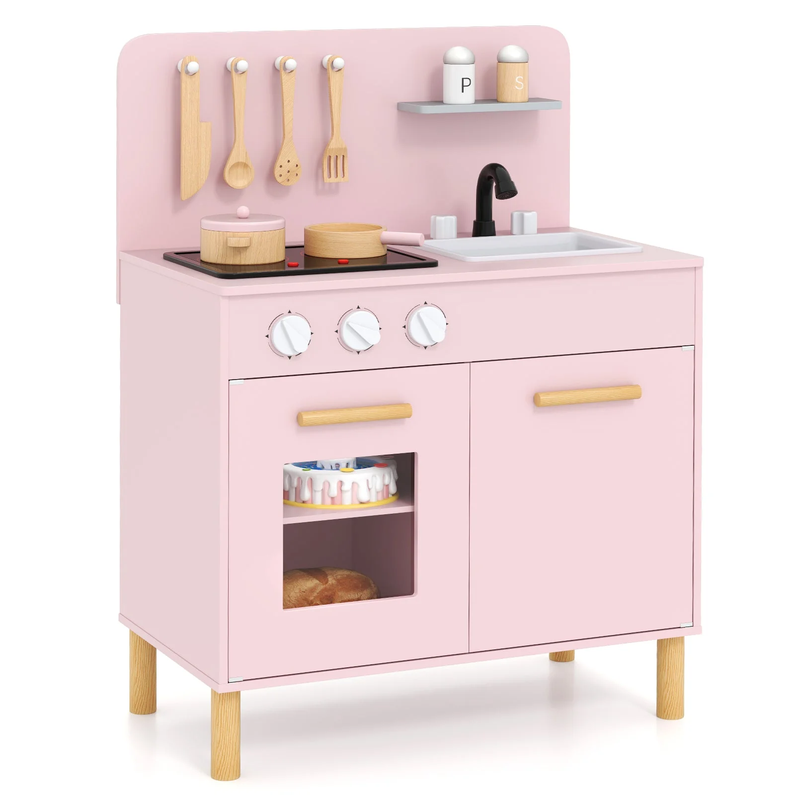 Kids Kitchen Playset with Cooking Accessories and Storage-Pink - Image 4