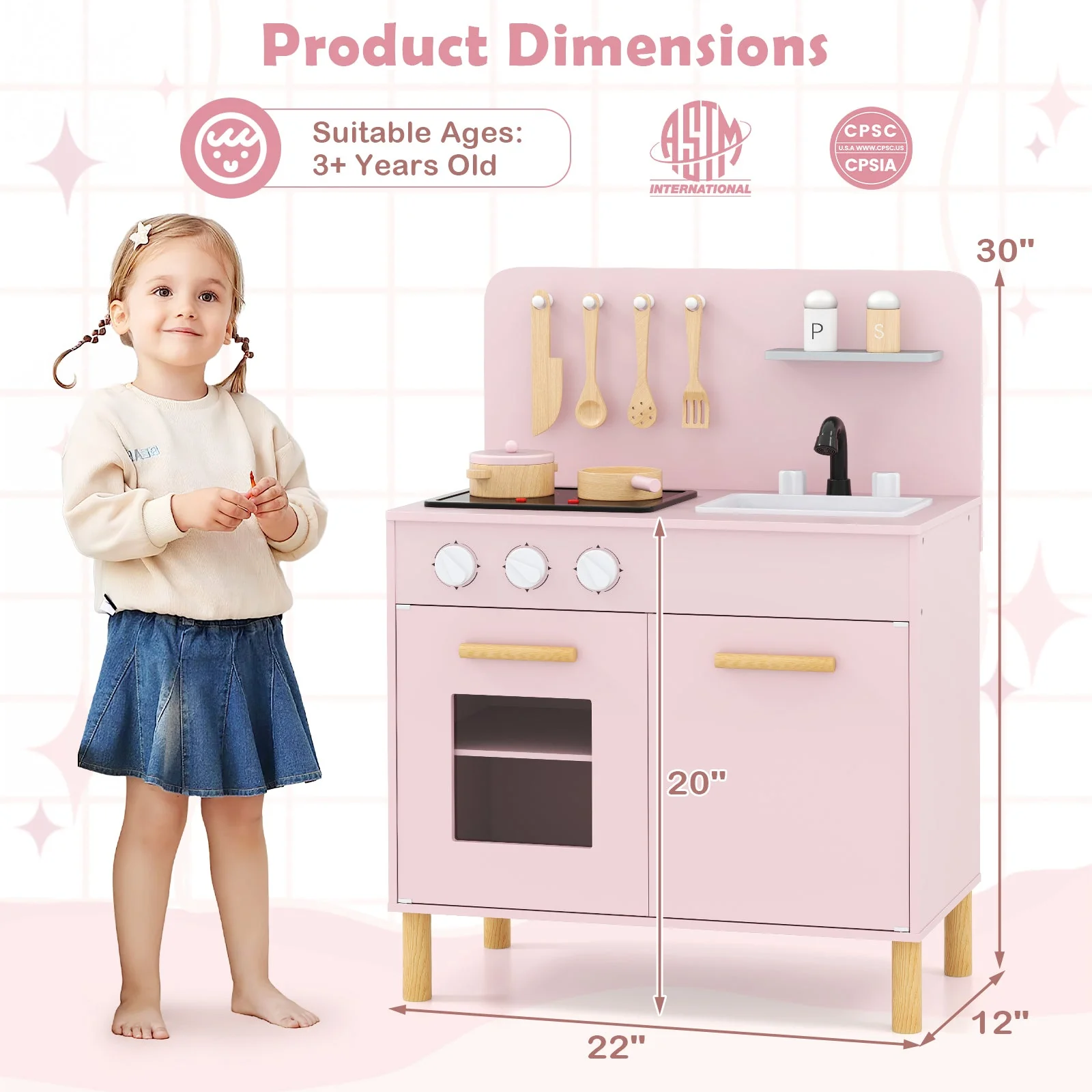 Kids Kitchen Playset with Cooking Accessories and Storage-Pink - Image 5