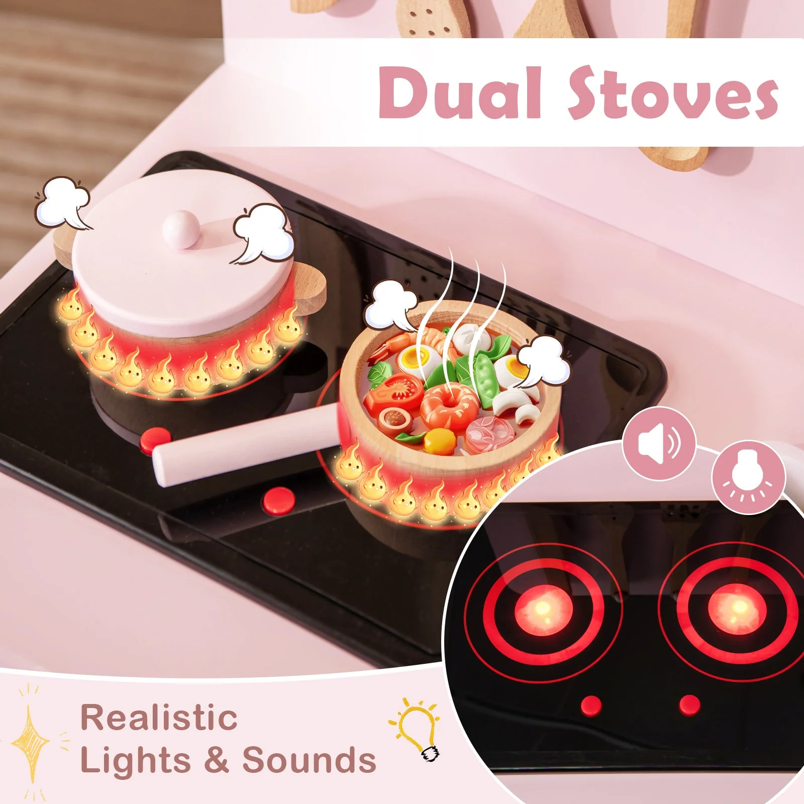 Kids Kitchen Playset with Cooking Accessories and Storage-Pink - Image 6