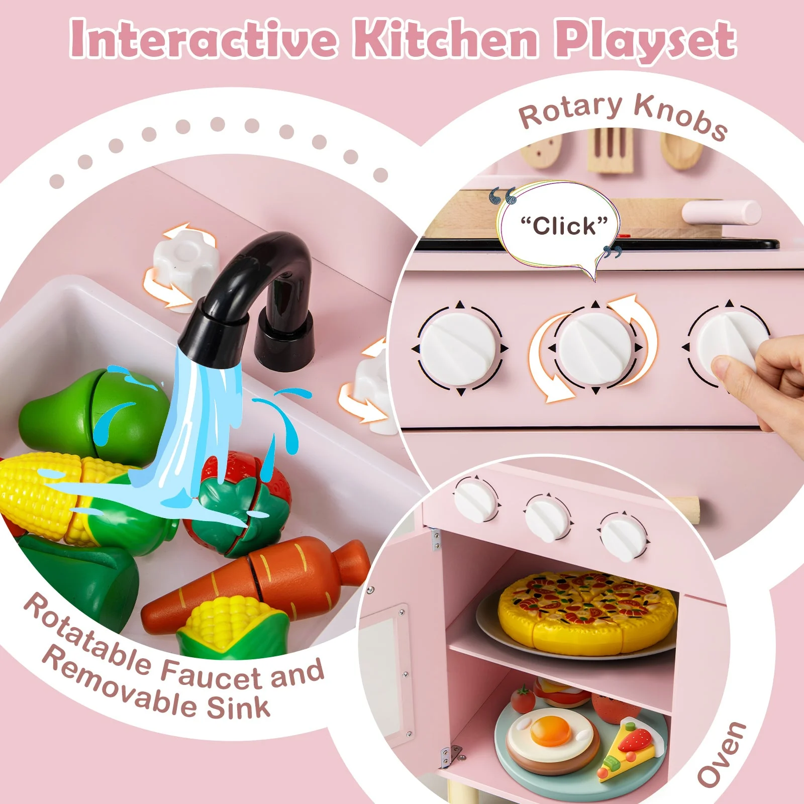 Kids Kitchen Playset with Cooking Accessories and Storage-Pink - Image 7