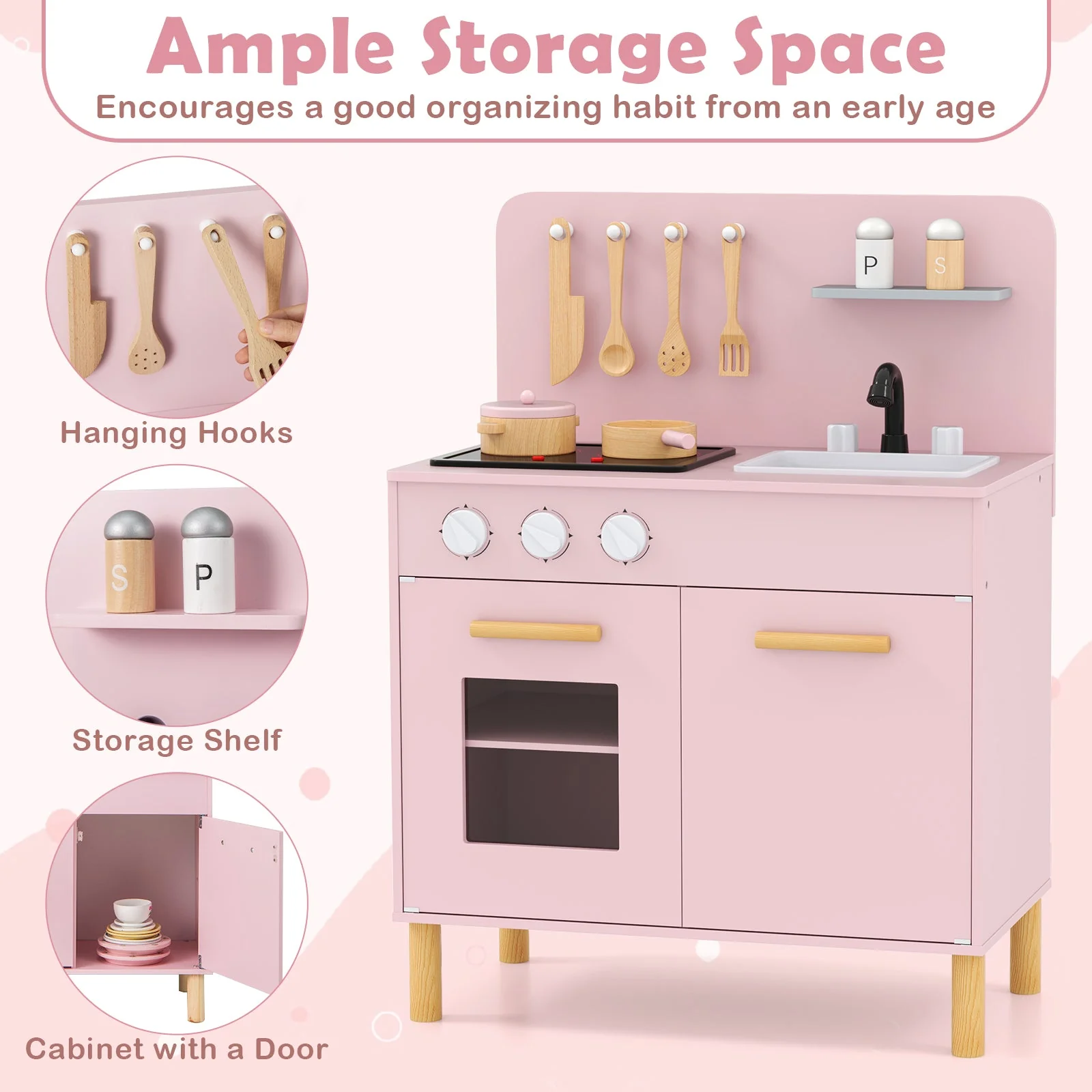 Kids Kitchen Playset with Cooking Accessories and Storage-Pink - Image 8