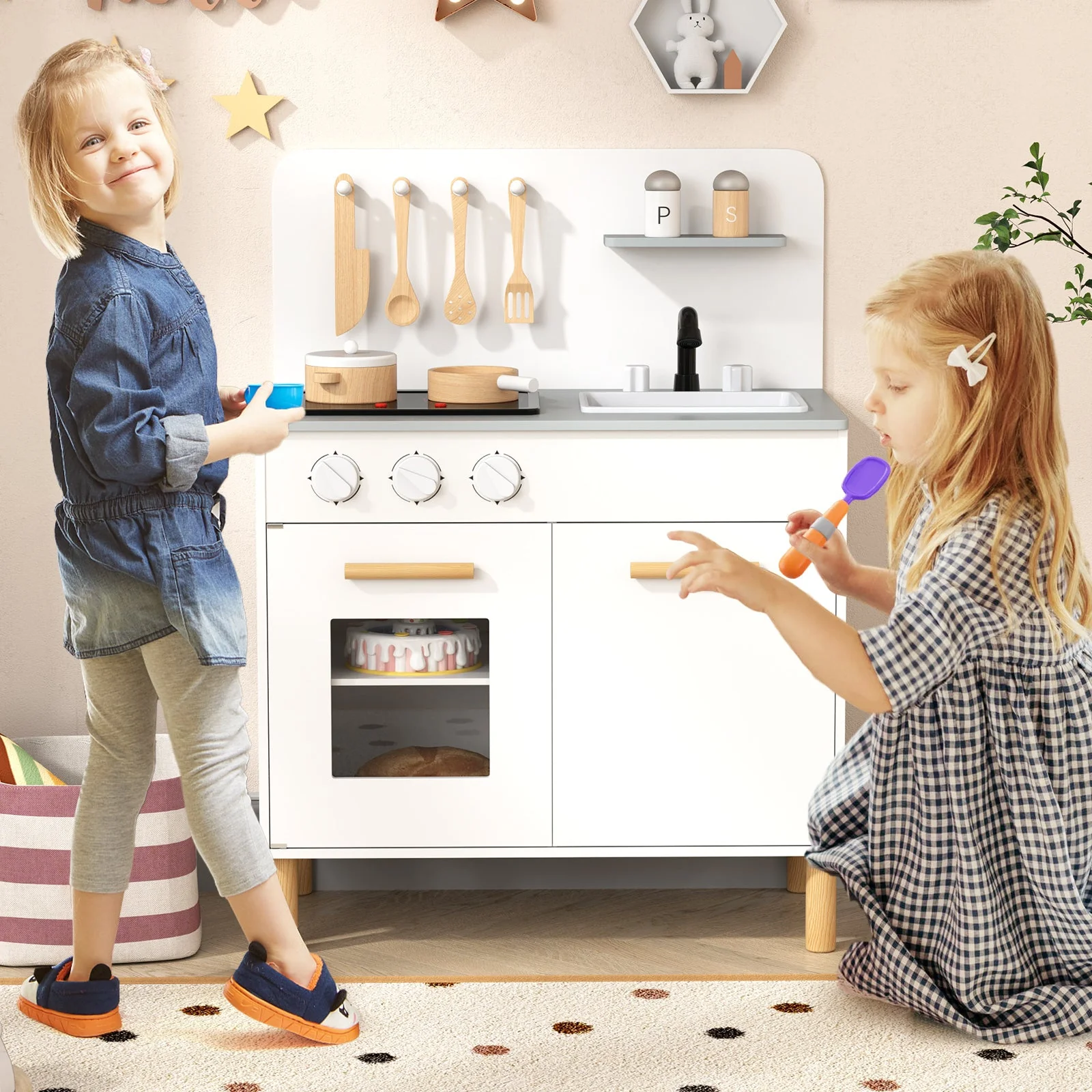 Kids Kitchen Playset with Cooking Accessories and Storage-White - Image 2