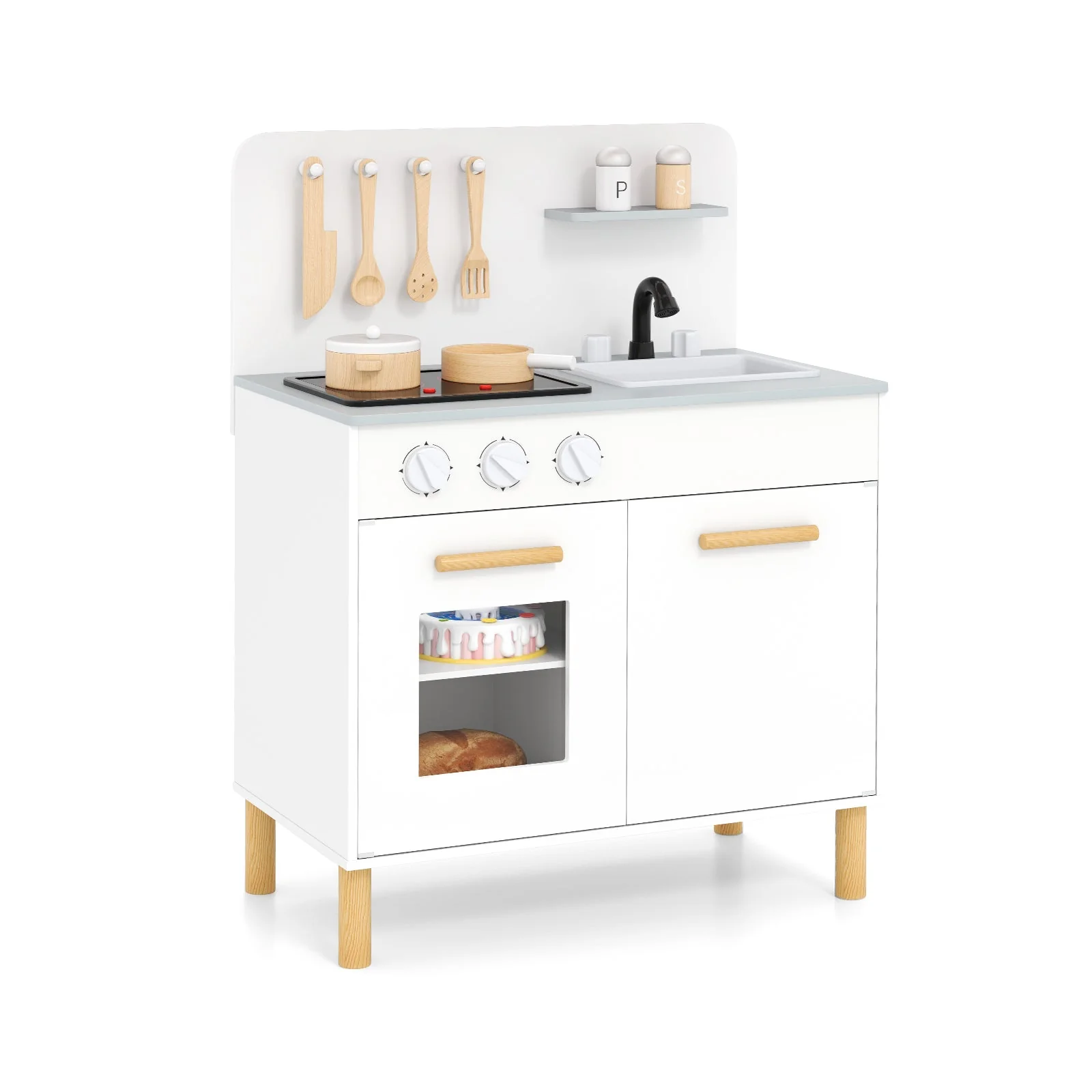 Kids Kitchen Playset with Cooking Accessories and Storage-White - Image 3