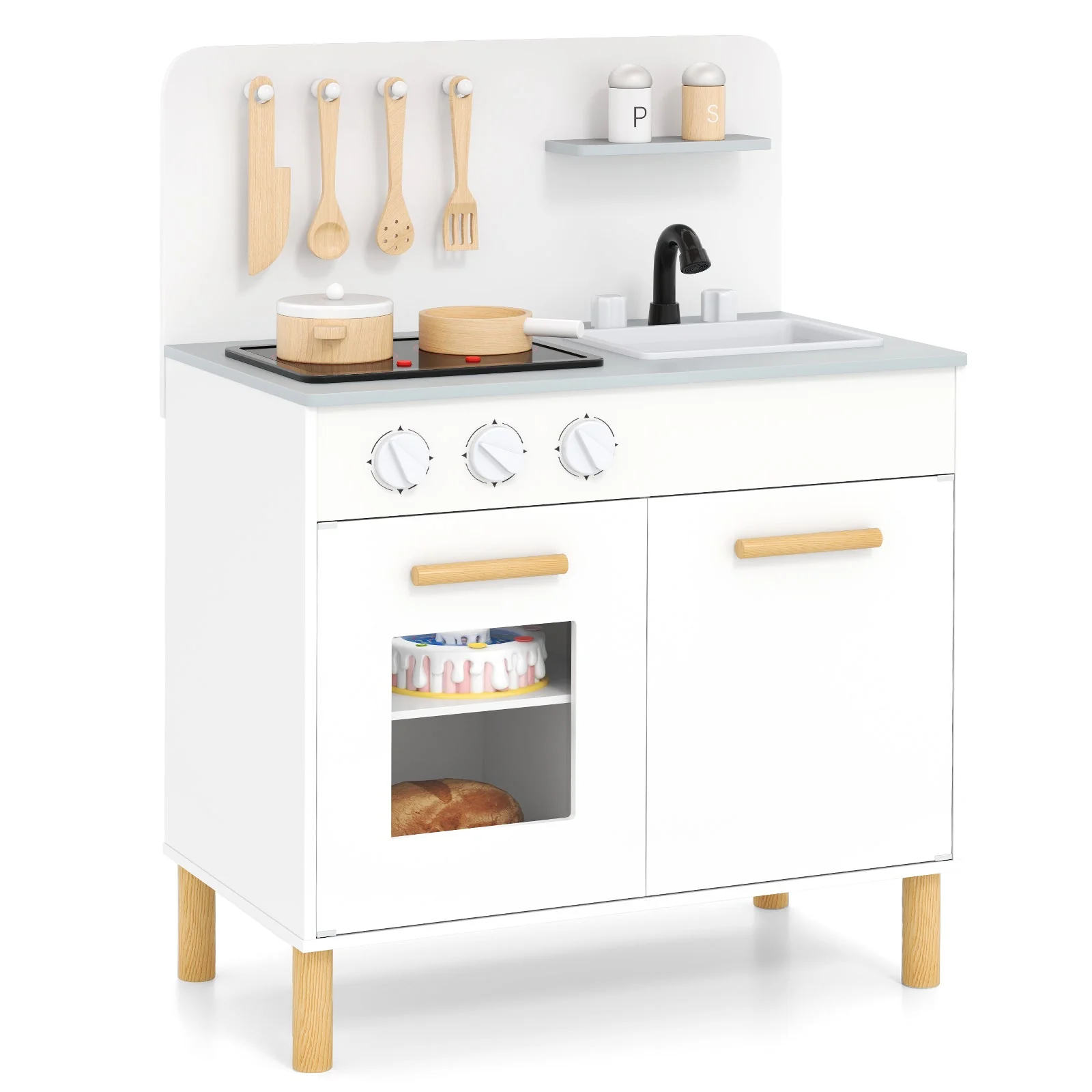 Kids Kitchen Playset with Cooking Accessories and Storage-White - Image 4