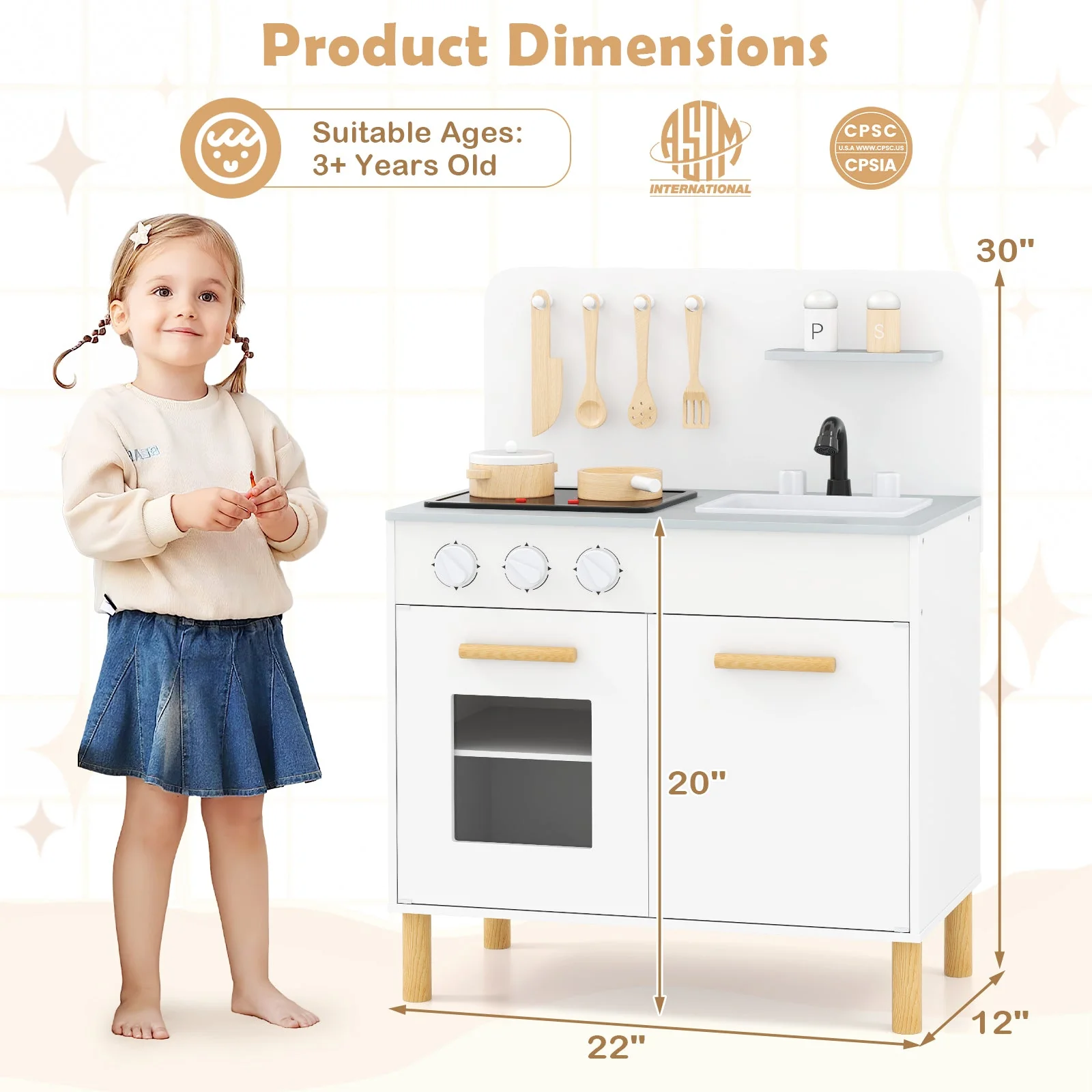 Kids Kitchen Playset with Cooking Accessories and Storage-White - Image 5