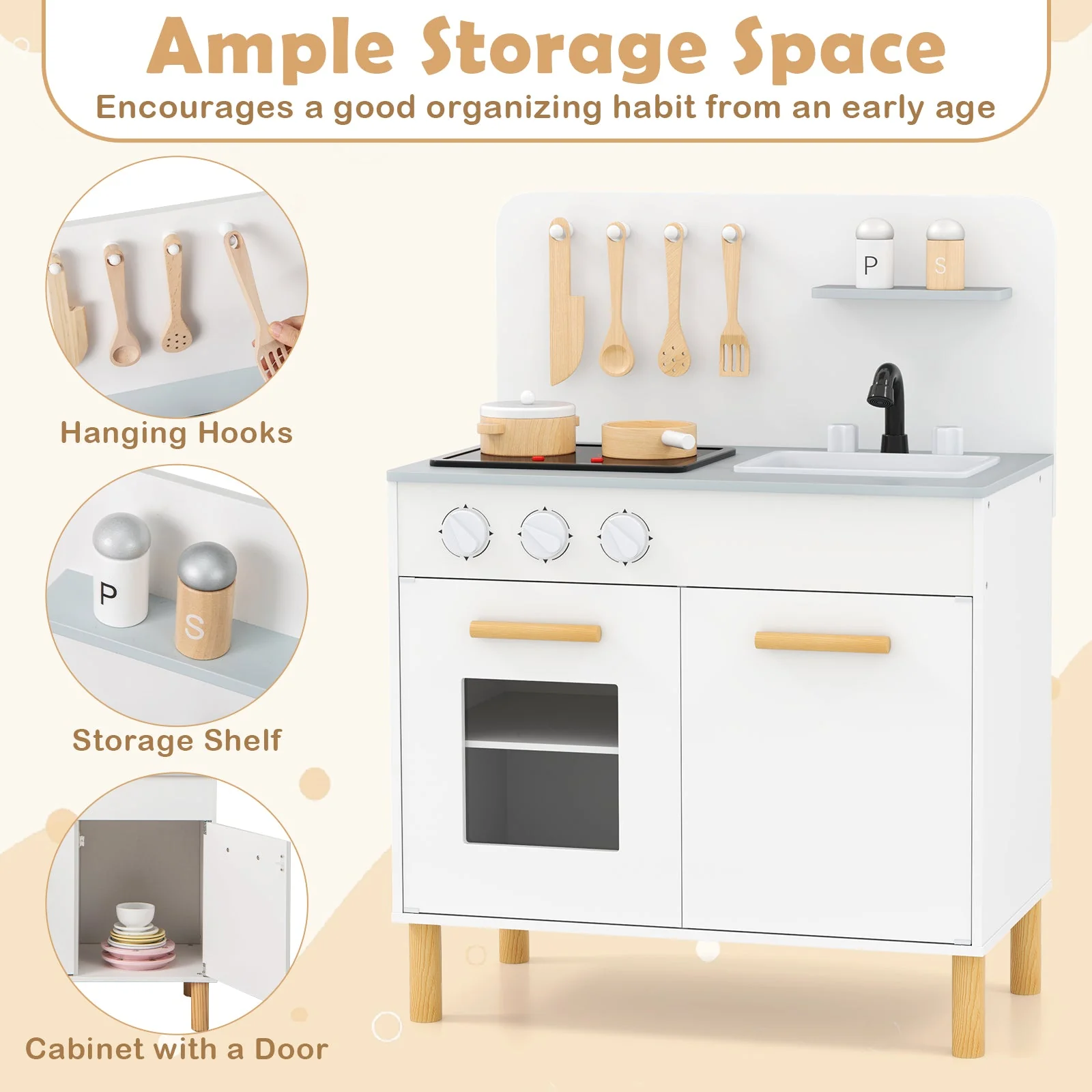 Kids Kitchen Playset with Cooking Accessories and Storage-White - Image 8