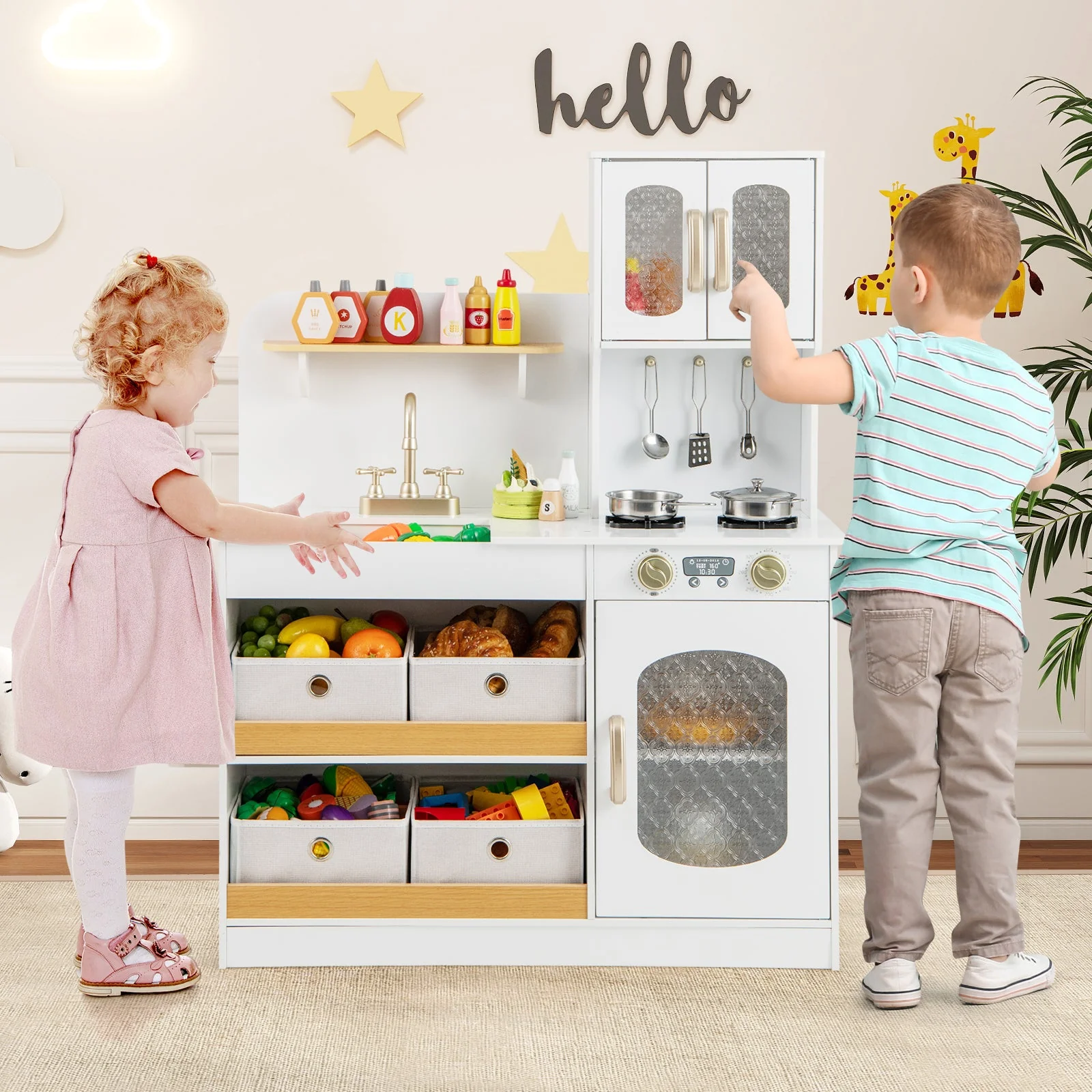 Kids Kitchen Playset with Cooking Accessories and Toy Cuttable Veggies-White - Image 2