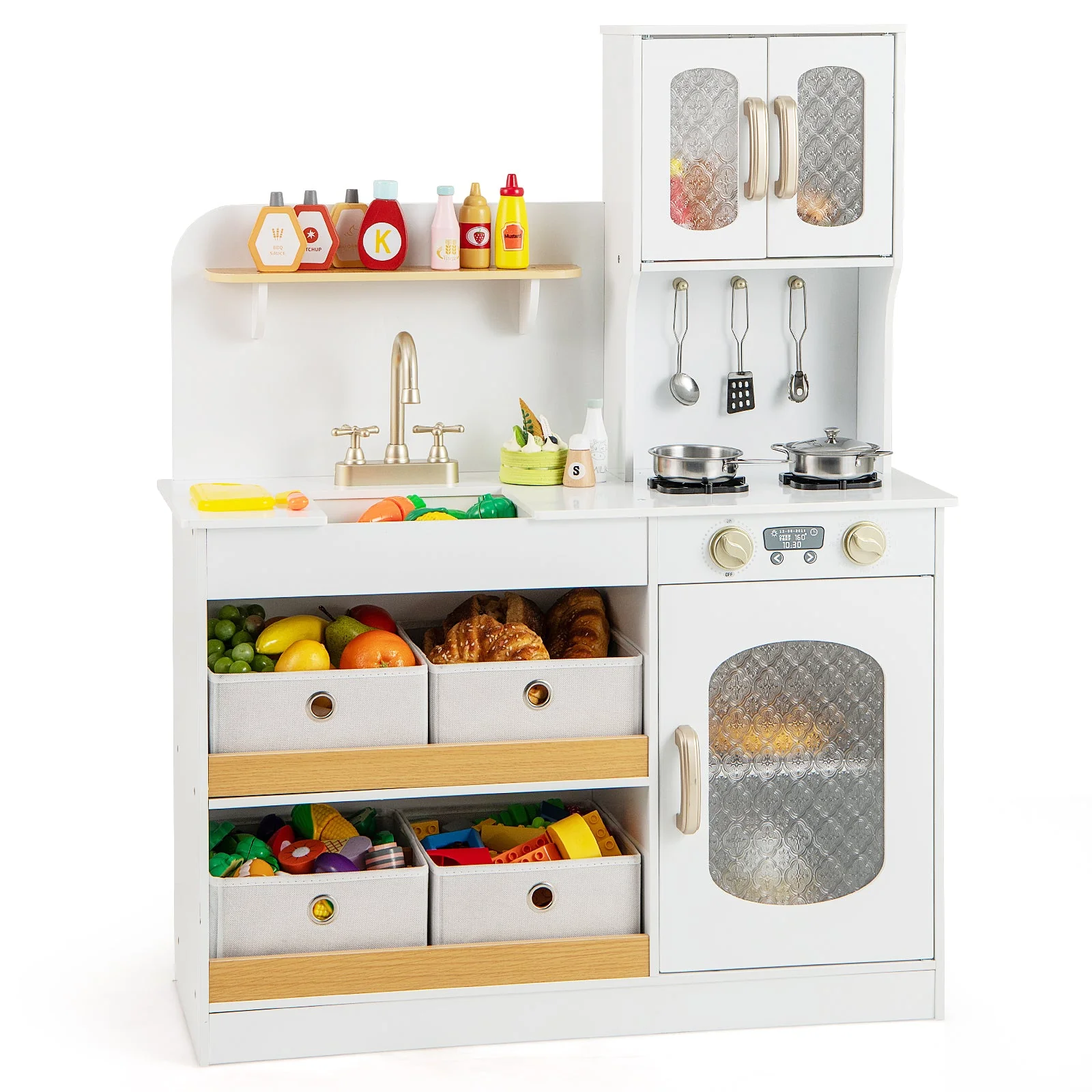 Kids Kitchen Playset with Cooking Accessories and Toy Cuttable Veggies-White - Image 3