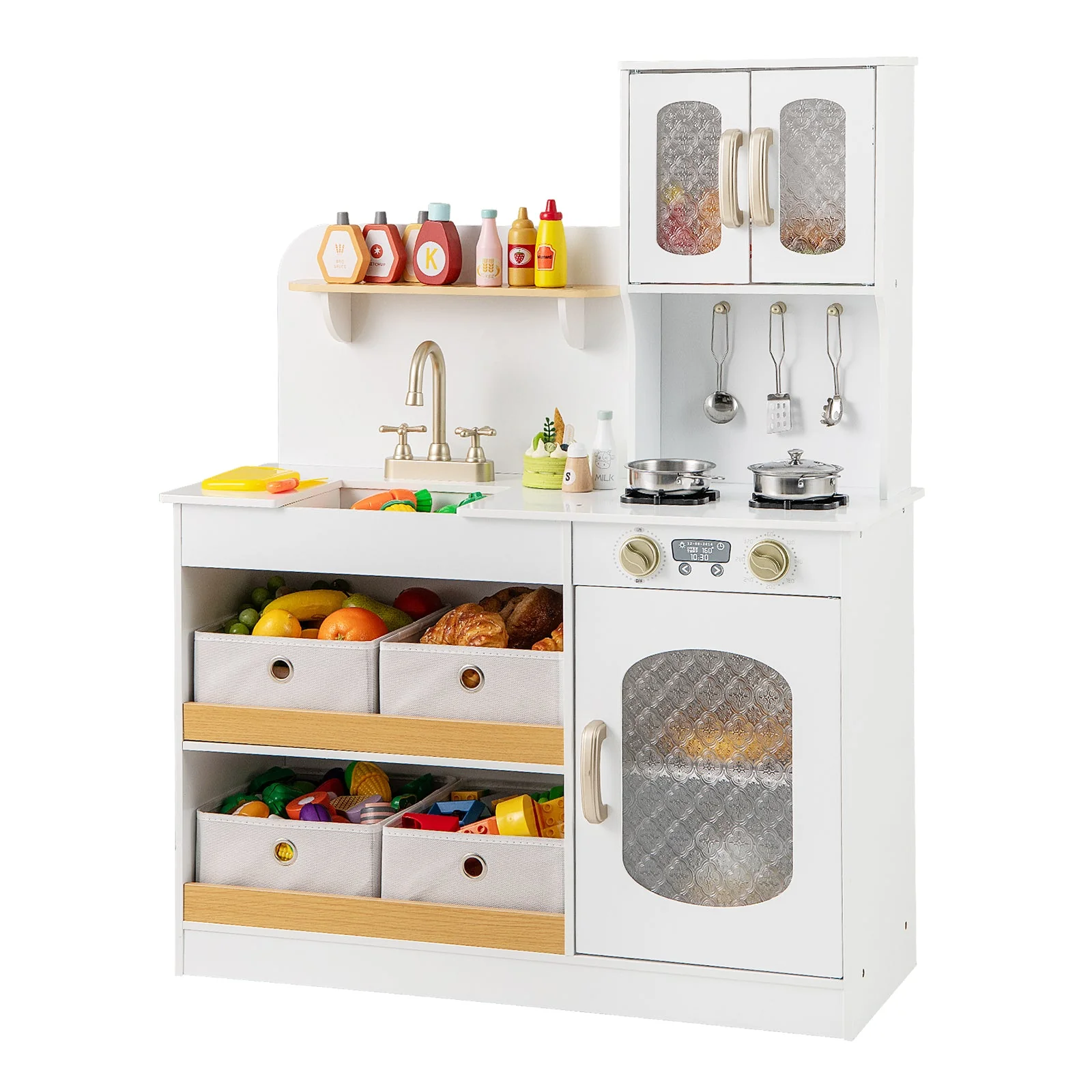 Kids Kitchen Playset with Cooking Accessories and Toy Cuttable Veggies-White - Image 4