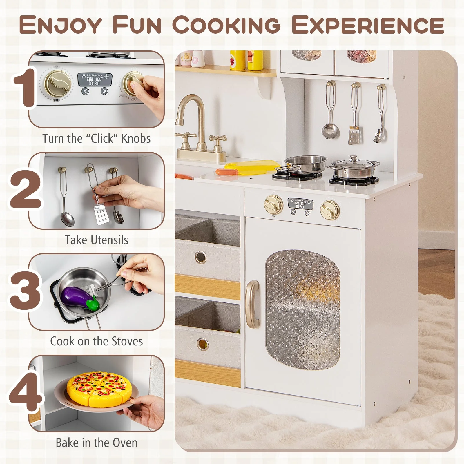Kids Kitchen Playset with Cooking Accessories and Toy Cuttable Veggies-White - Image 7