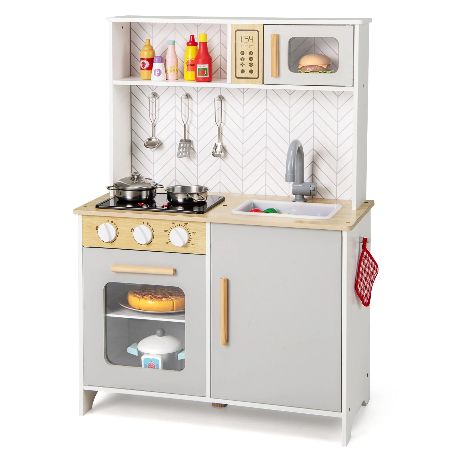 Kids Kitchen Playset with Lights Sounds Microwave Stoves Sink Oven and Cooking Accessories-White - Image 2