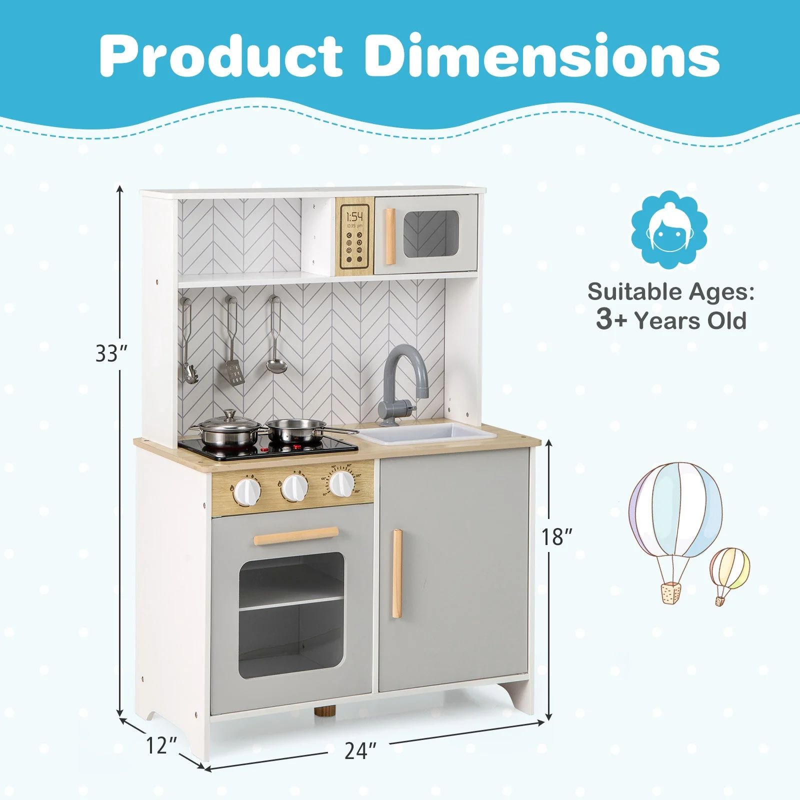 Kids Kitchen Playset with Lights Sounds Microwave Stoves Sink Oven and Cooking Accessories-White - Image 3